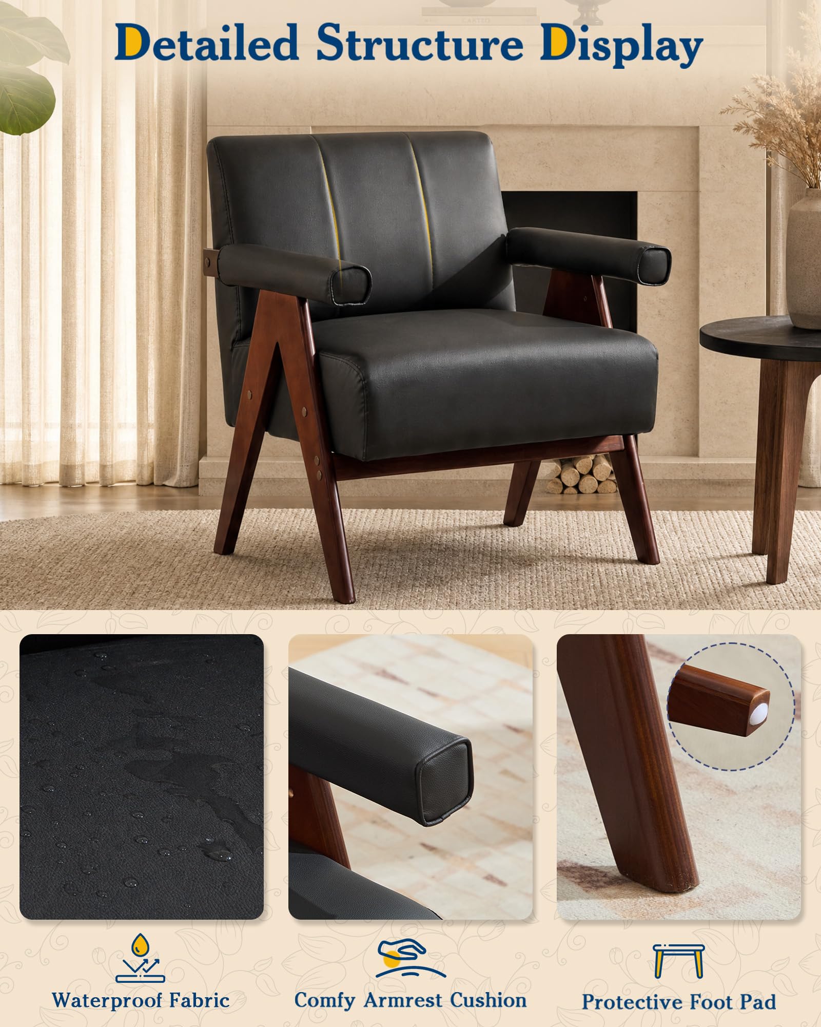 Black Leather Accent Chair,Mid Century Modern Accent Chair, Solid Wood Frame Black Leather Armchair, Modern Reading & Living Room Chair for Office Guest & Waiting Room