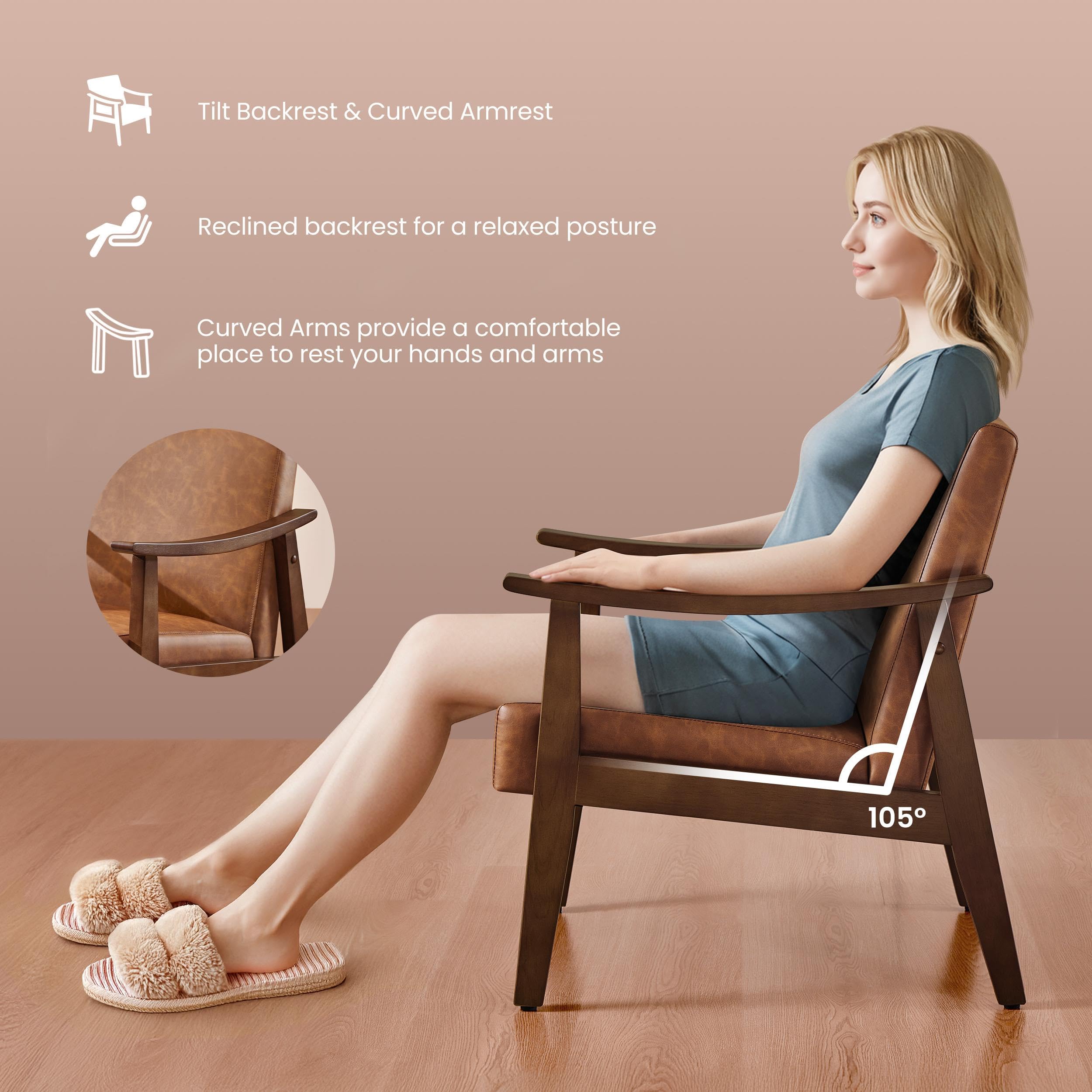 PU Leather Accent Chair, Mid-Century Modern Armchair with Solid Wood Legs, Reading Leisure Chair with High Back for Living Room Bedroom Waiting Room, Brown