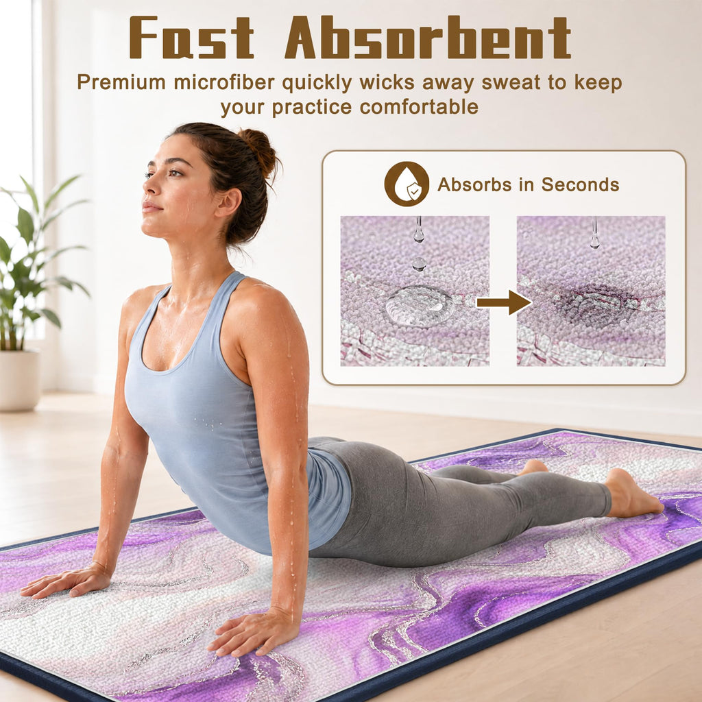 Yoga Mat Towel, Hot Yoga Towel High-Definition Pattern, Machine Washable with Ultra-Absorbent Yoga Towels for Hot Yoga Non Slip for Fitness, Exercise, Pilates, 72 x 27 in, Purple Ripples