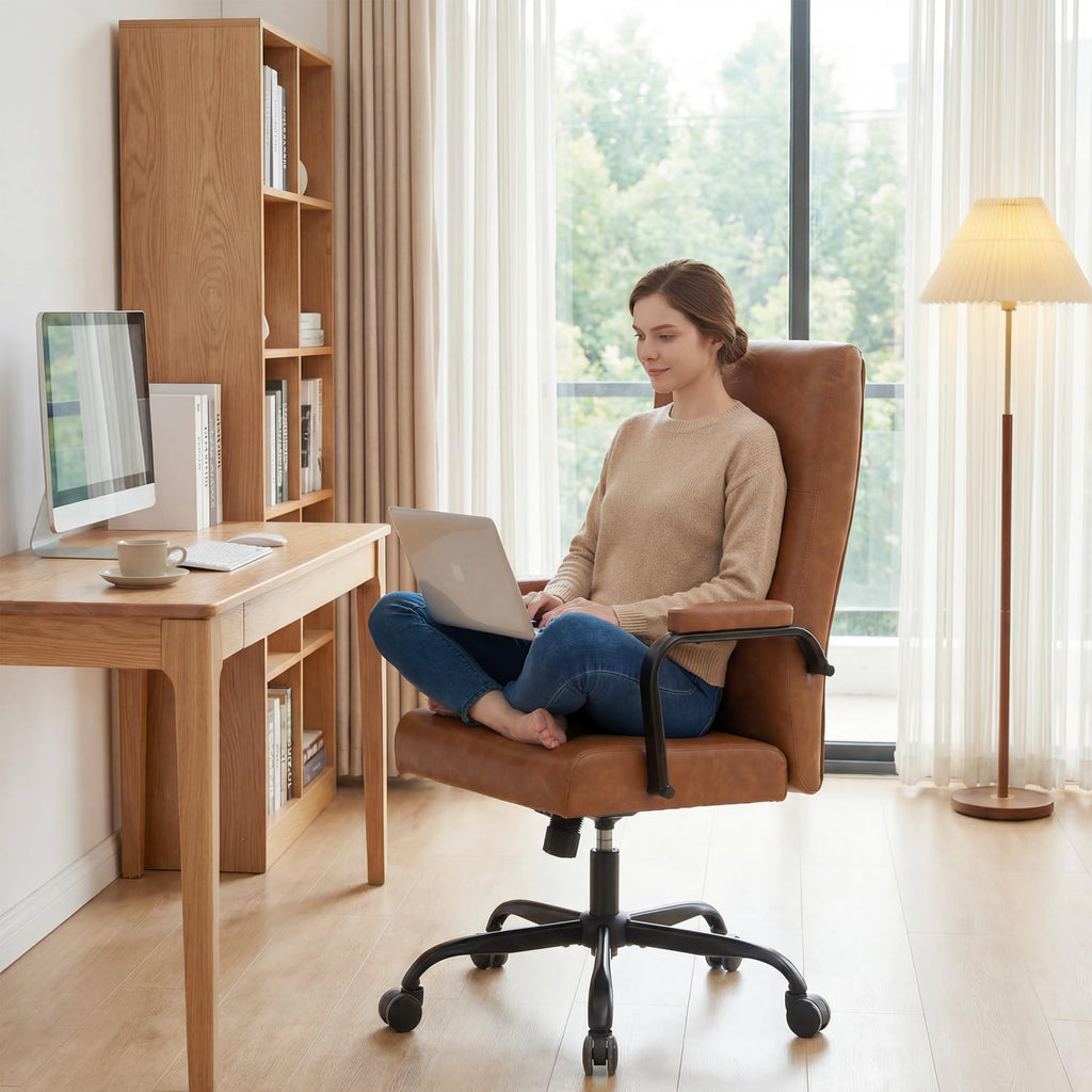 Office Desk Chair,Leather Conference Room Chairs with Wheels,Modern High Back Executive Office Chair with Memory Foam,Ergonomic Swivel Computer Chair for Home Office Brown
