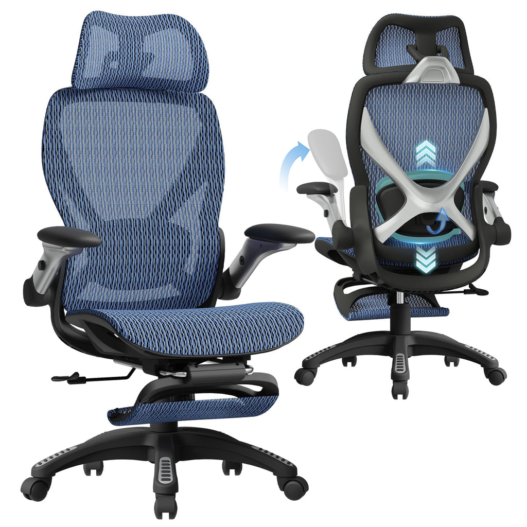 X100 Ergonomic Office Chair with Footrest, Big and Tall Home Desk Chair with 5D Flip-Up Arms, Adjustable 3D Lumbar Support,High Back Rolling Computer Chair, Swivel Mesh Chairs (Oaxaca Blue)
