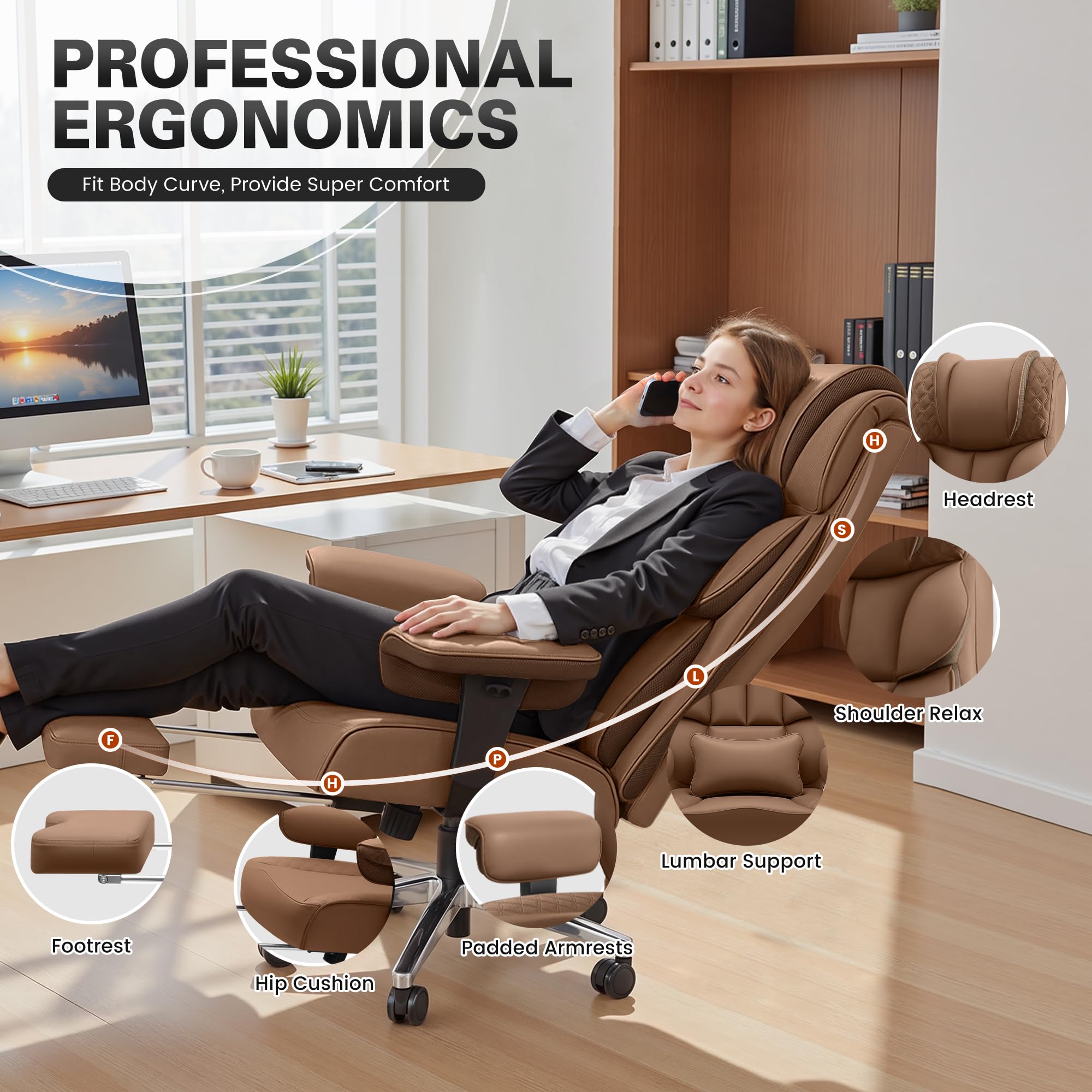 Office Desk Chair, Big and Tall Leather Gaming Chair with Footrest, Ergonomic Comfy Executive High-Back Reclining Computer Chairs, Wide Swivel Rolling Wheels and Padded Lumbar Support, Khaki