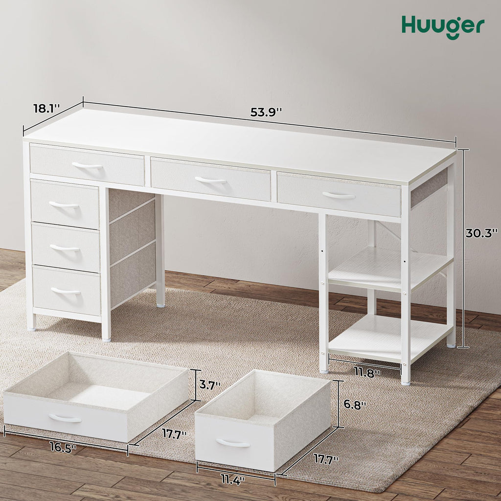 Computer Desk with 6 Drawers, Office Desk with Shelves, Reversible Gaming Desk, Corner Desk with Storage, Work for Home Office, Study, Living Room, 54inch, White