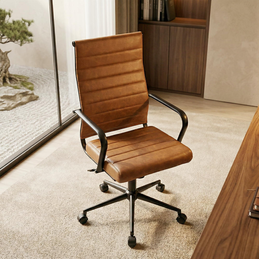 Leather Office Desk Chair, Mid-Century Modern Leather Conference Room Chairs, Ergonomic Executive Ribbed Height Adjustable Swivel Rolling Chair for Home Office.