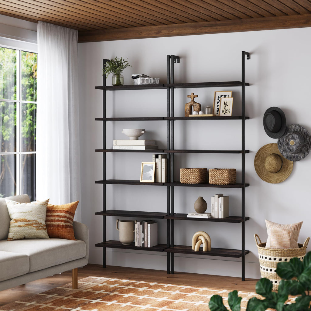 6-Shelf Tall Bookcase, Wall Mount Bookshelf with Natural Wood Finish and Industrial Metal Frame, Nutmeg/Matte Black, Set of 2