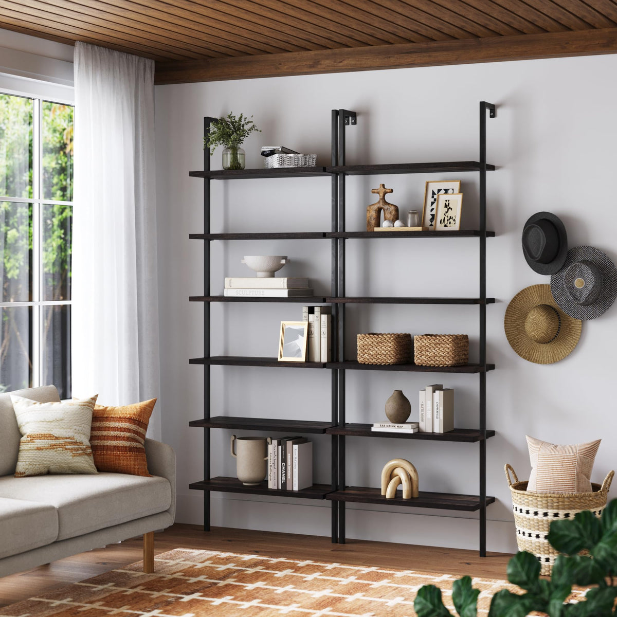 6-Shelf Tall Bookcase, Wall Mount Bookshelf with Natural Wood Finish and Industrial Metal Frame, Nutmeg/Matte Black, Set of 2