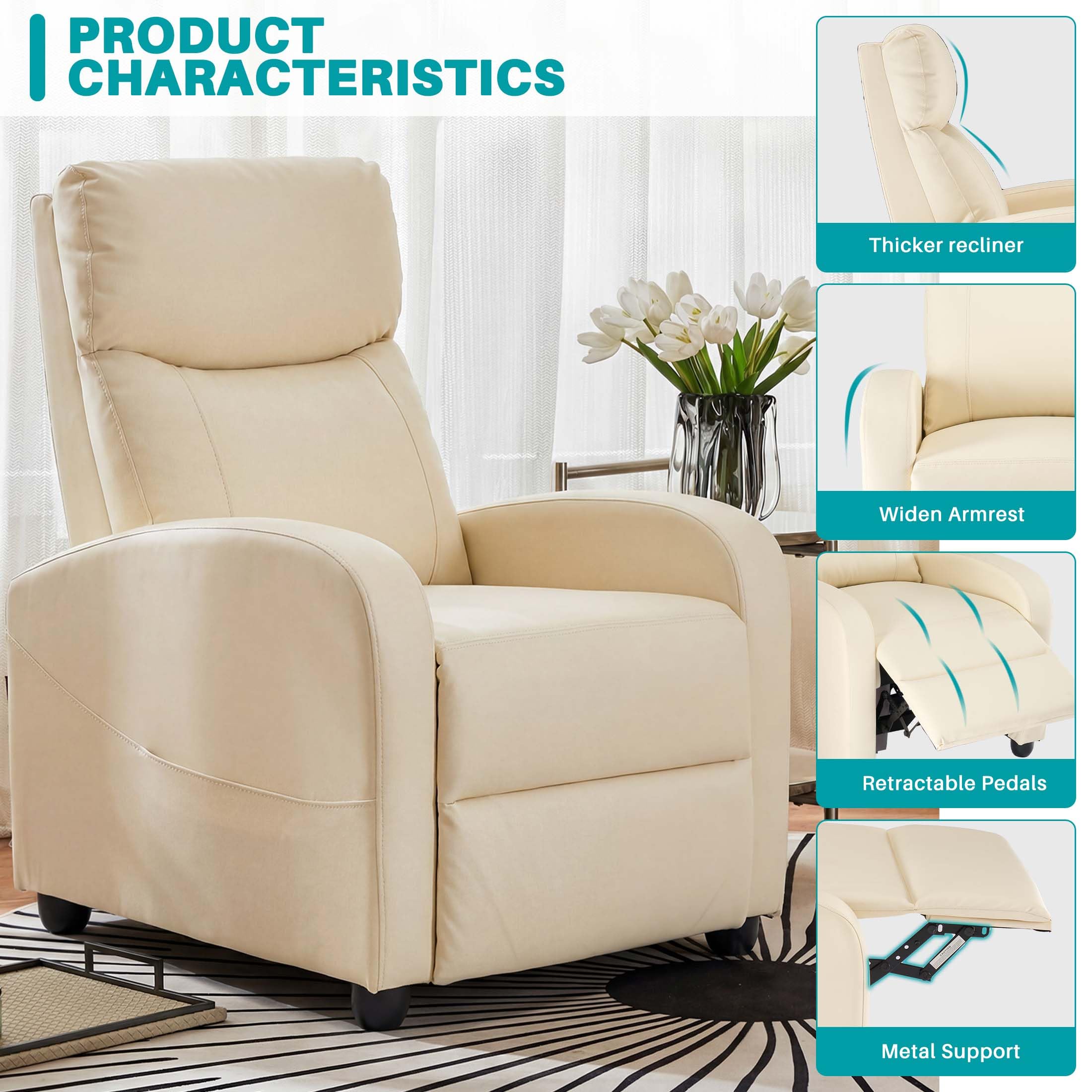 Recliner Chair Fabric Recliner Sofa No Massage, Home Theater Seating with Lumbar Support, Adjustable Push Back Overstuffed High-Density Sponge Reclining for Living Room, Beige