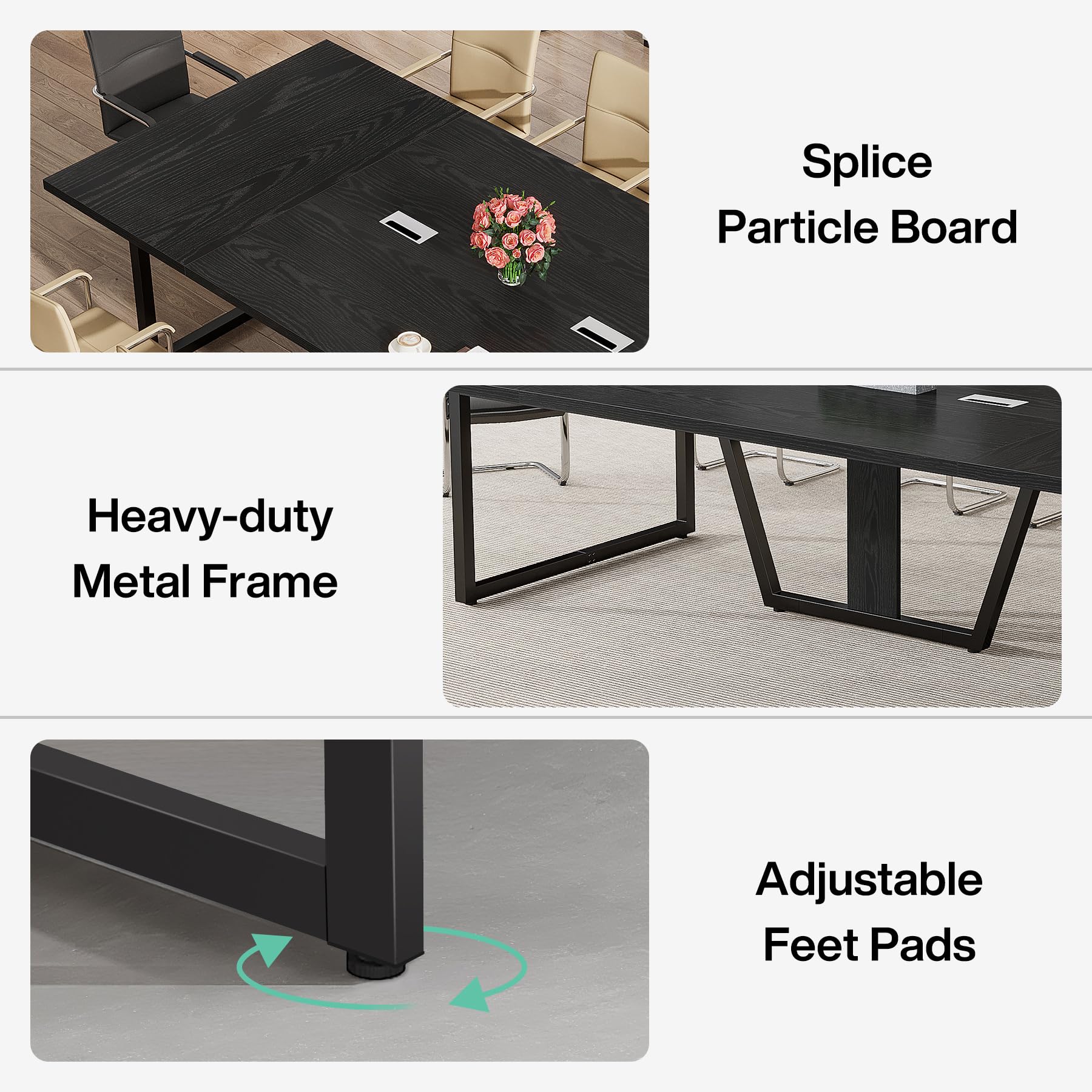 8FT Conference Table, 94.49 L x 47.24 W x 29.53 H Inches Large Meeting Podcast Table for 10 People, Business Style Wooden Training Table with Strong Metal Frame for Office Conference