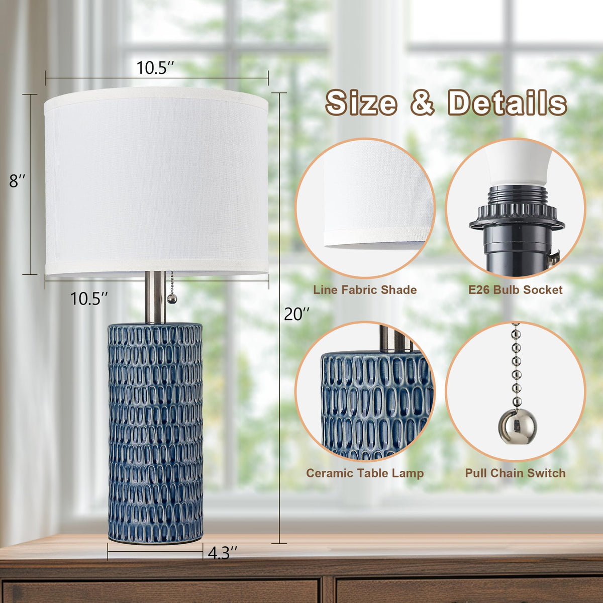 Modern Ceramic Table Lamps Set of 2, Lamps for Bedroom, Dark Blue