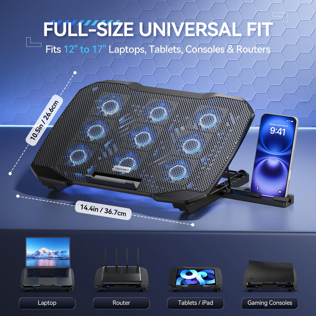 Laptop Cooling Pad with Phone Stand, 9 Quiet Fans with LED Lights, 5 Height Adjustable & 2 USB Ports, Stepless Speed Control to 2600 RPM Laptop Cooler, Laptop Cooling Stand for 12-17.3 Inch