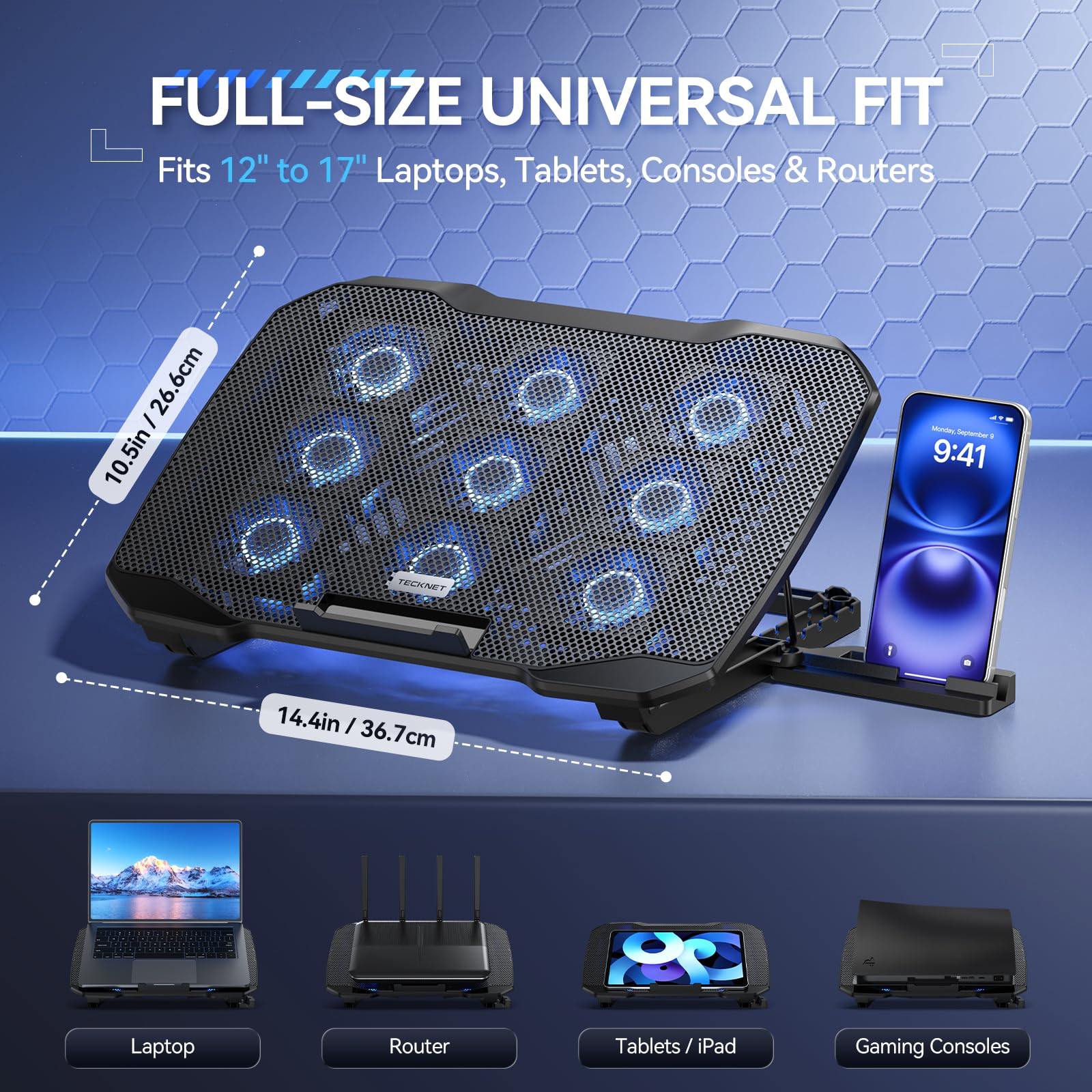 Laptop Cooling Pad with Phone Stand, 9 Quiet Fans with LED Lights, 5 Height Adjustable & 2 USB Ports, Stepless Speed Control to 2600 RPM Laptop Cooler, Laptop Cooling Stand for 12-17.3 Inch