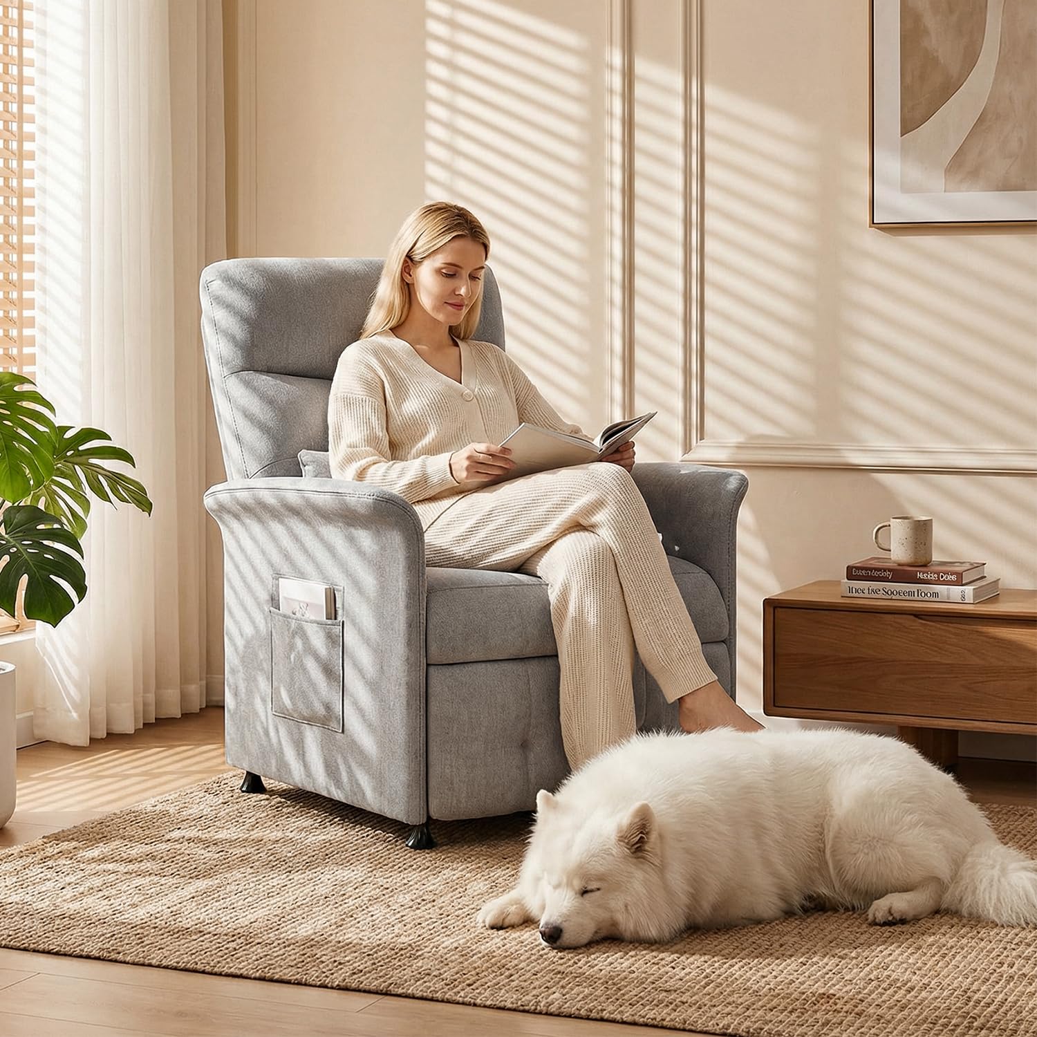 Power Recliner Chair for Adults with Heat & Massage - Soft Fabric Electric Reclining Sofa with Remote Control, 3 Side Pockets, 180° Lay Sleeper for Living Room Home Theater, Light Grey