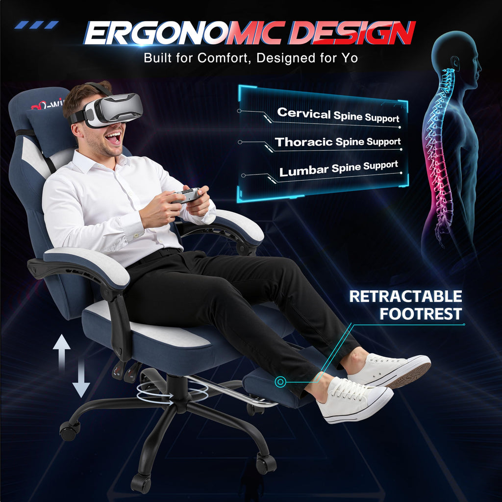 Video Gaming Chair for Adults, Computer Chair with Footrest and Ergonomic High Back, Big and Tall Gamer Chair with Massage Lumbar Support (Light Blue Fabric)