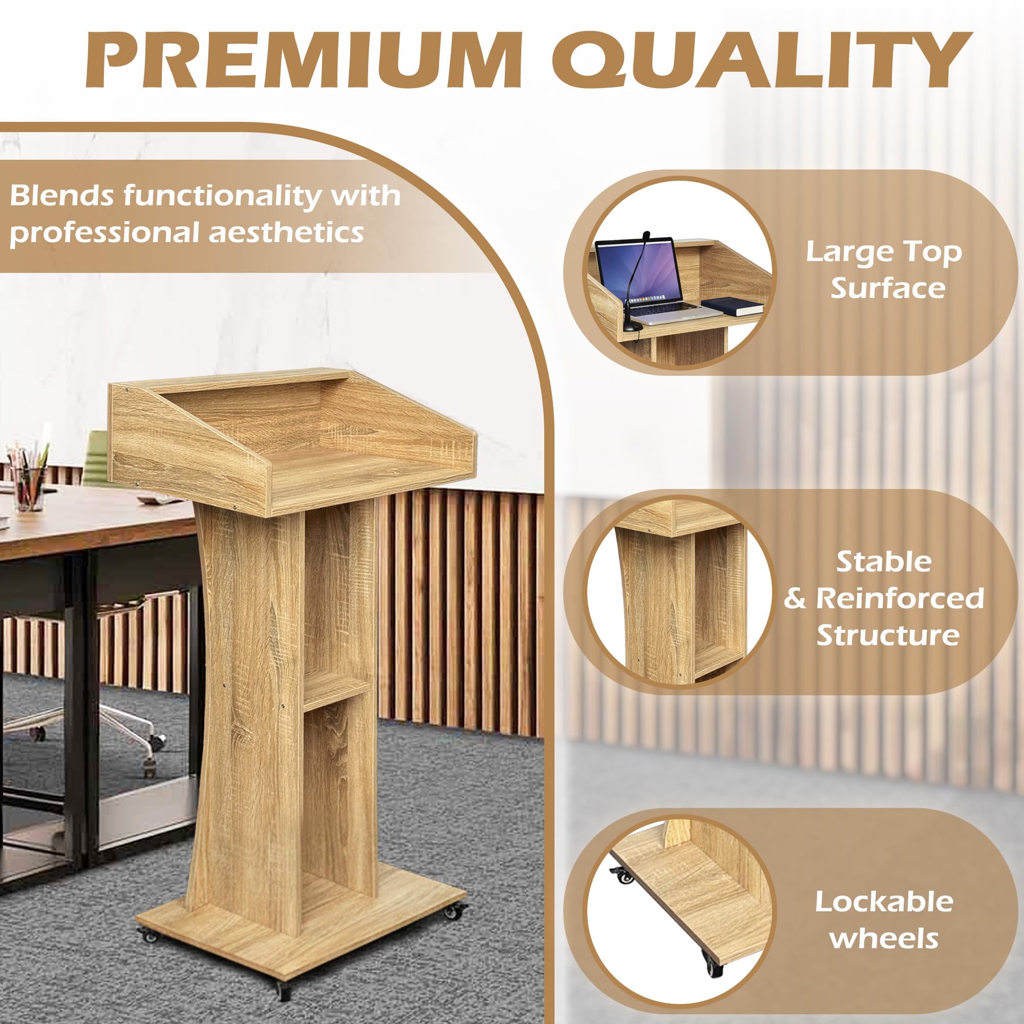 Podium Stand with Lockable Wheels,47"H Wooden Podium for Classroom, Mobile Pulpit Lectern with 3 Storage Shelves for Church, Office,Conference Room (White Oak)
