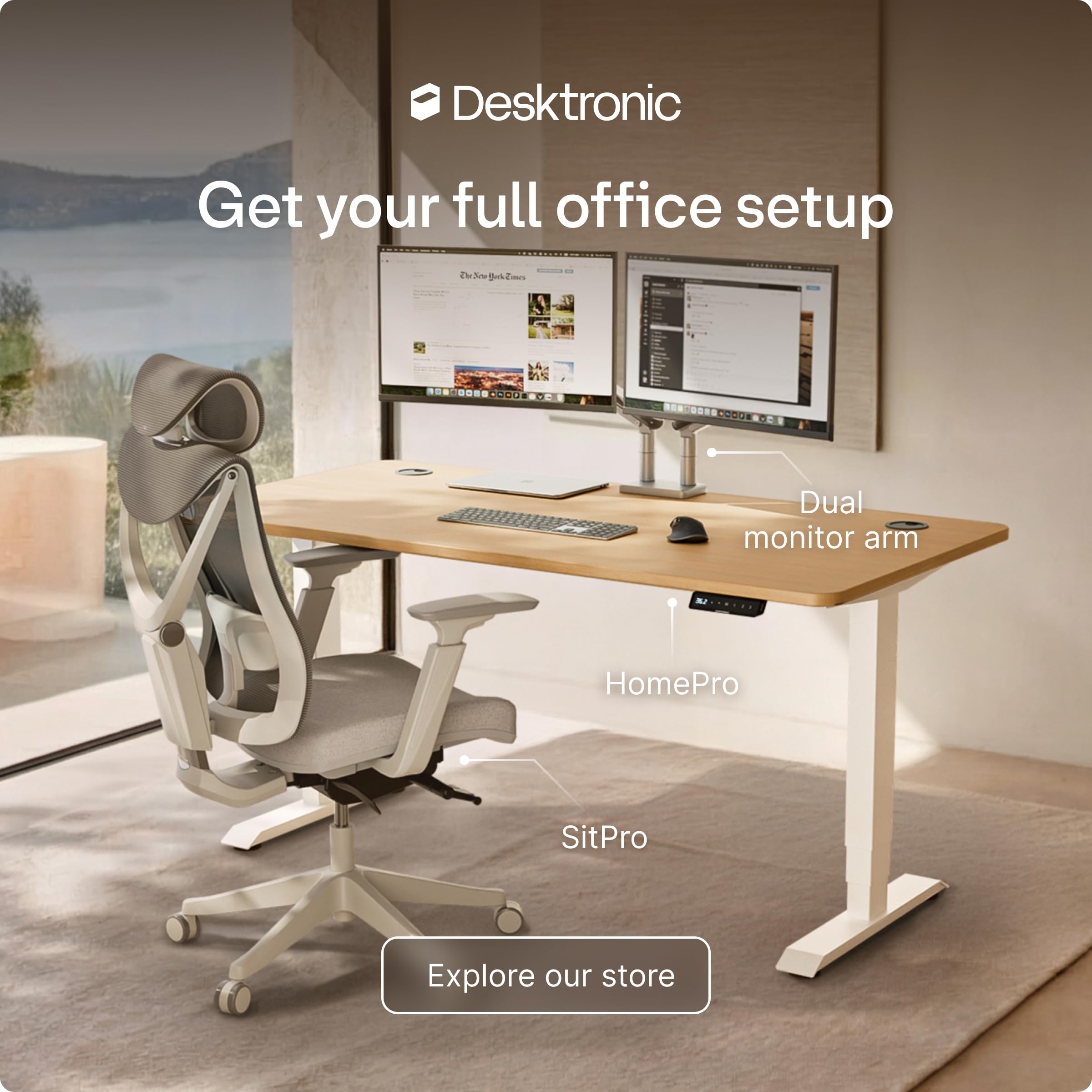 Standing Desk 48x24 — Made in Europe, Ergonomic Sit Stand Home Office Desk, Electric Height Adjustable, Dual Motor, USB & USB-C Charging, Wobble-Free, Touchscreen, 3 Memory Presets