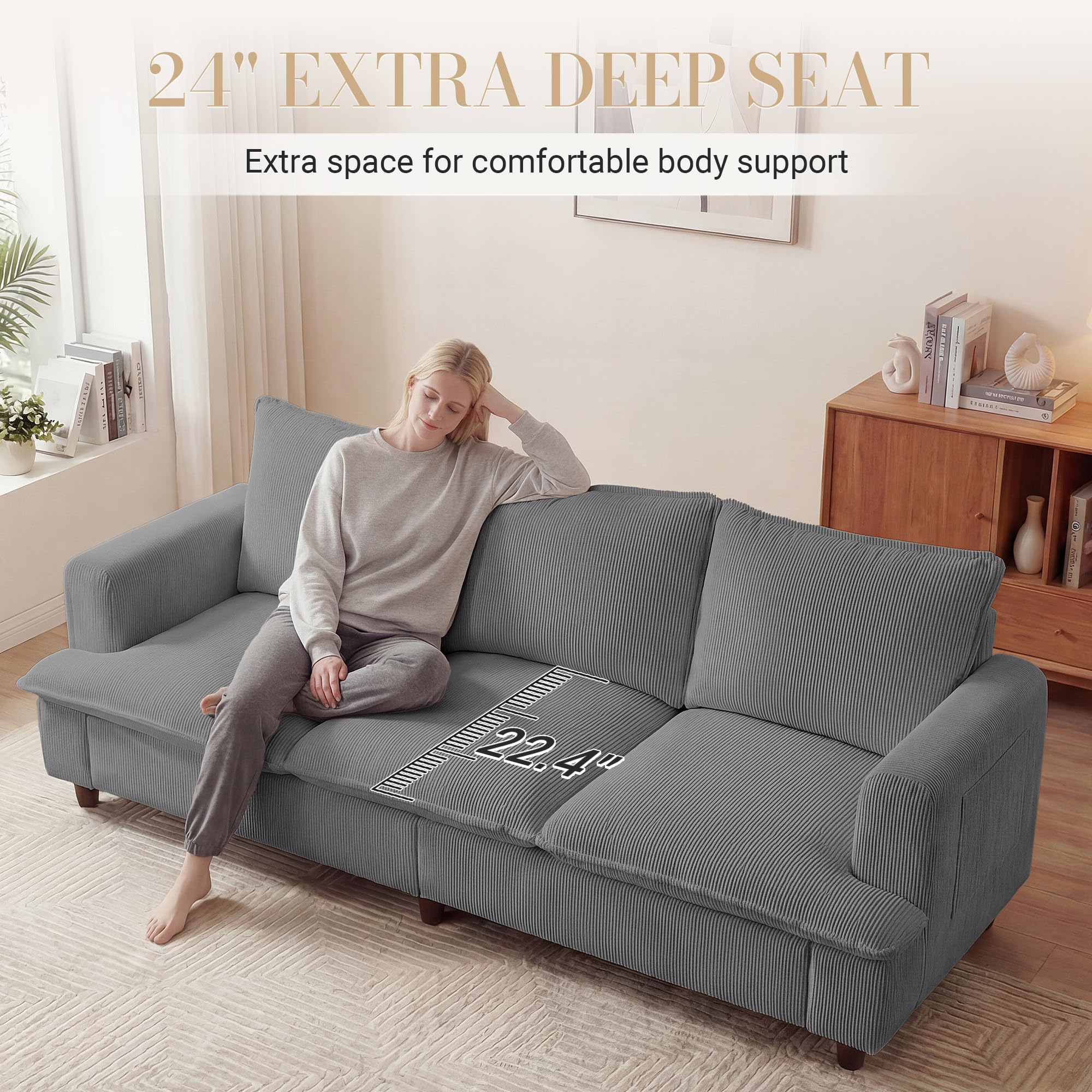 3 Seater Couch, 83" Comfy Corduroy Sofa with Deep Seat, Modern Sofa Couch for Office, Living Room, Bedroom, Apartment (Pillows not Included)