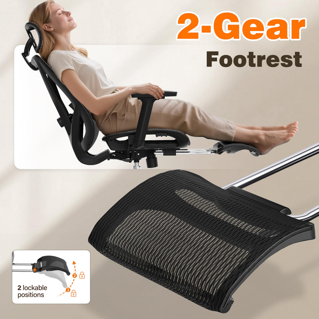 Ergonomic Office Chair with Footrest, 135° Reclining Desk Chair with Adjustable Lumbar Support,3D Armrest,Headrest & Large Steel Base, 300LBS Heavy Duty Mesh Chair