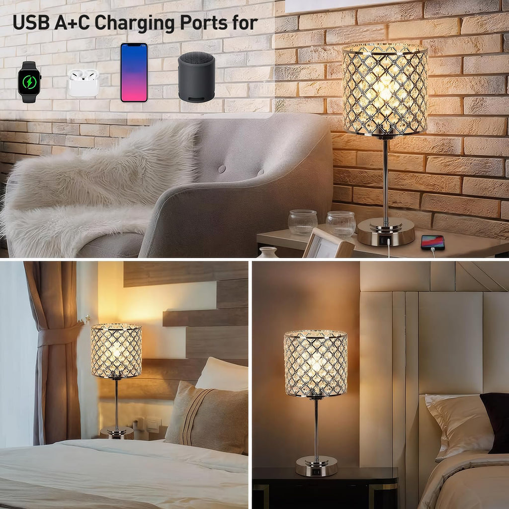 Crystal Bedside Table Lamp, Silver Touch Bedroom Lamp, USB C+A Ports