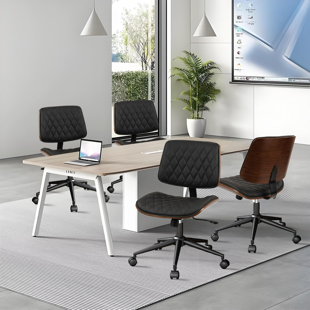 Home Office Desk Chair with Wheels, Adjustable Height Armless Office Chair, PU Leather Mid Back 360 Swivel Computer Chair, Modern Walnut Chair for Home, Meeting, Reading Room,Black(2 pk)