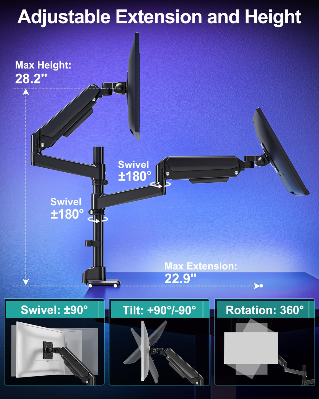 Dual Monitor Arm for Max 49" Ultrawide Screens up to 44 lbs, Heavy Duty Extra Tall Monitor Desk Mount, Vertical Stacked Adjustable Dual Monitor Mount, VESA Mount 75x75mm/100x100mm
