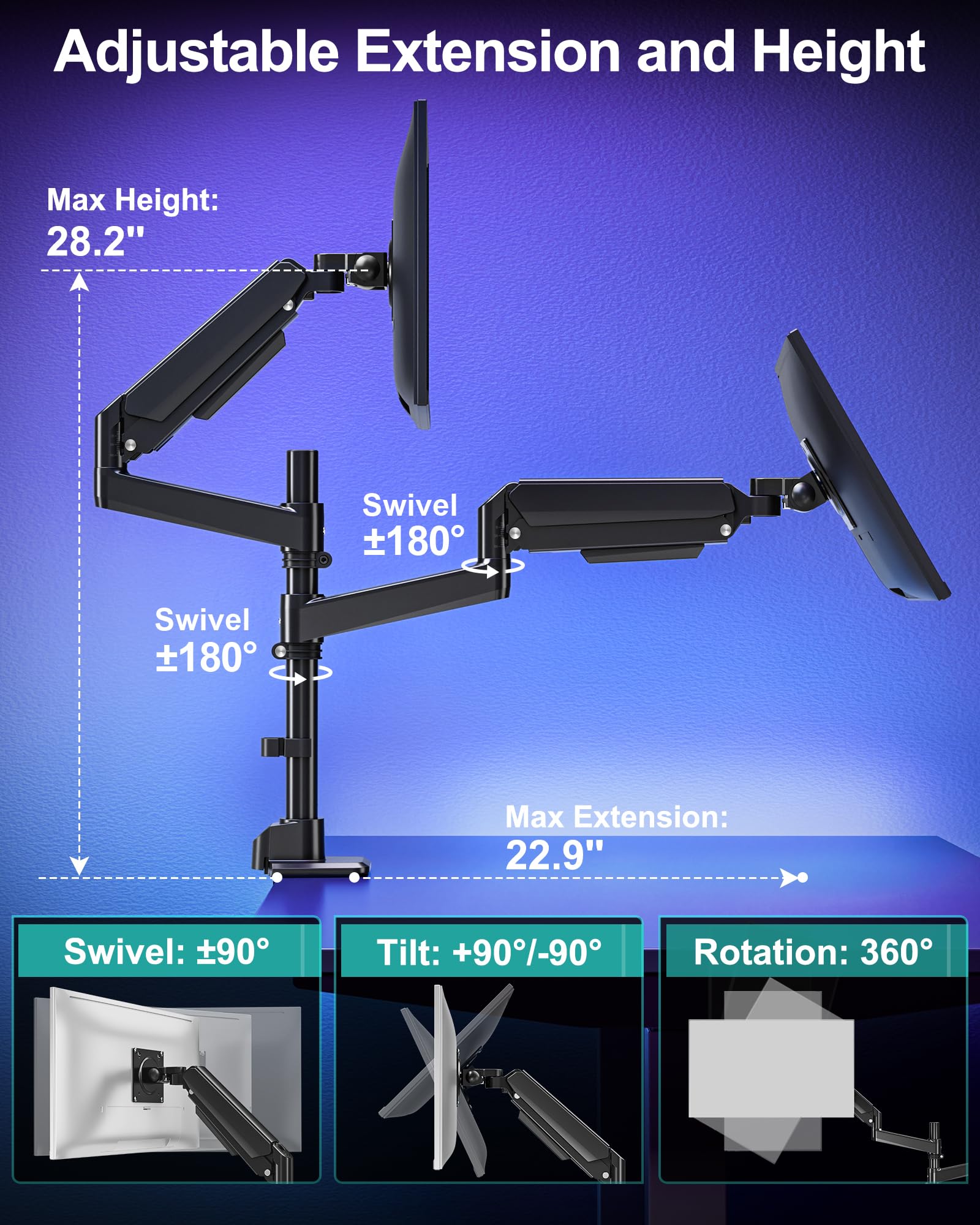 Dual Monitor Arm for Max 49" Ultrawide Screens up to 44 lbs, Heavy Duty Extra Tall Monitor Desk Mount, Vertical Stacked Adjustable Dual Monitor Mount, VESA Mount 75x75mm/100x100mm