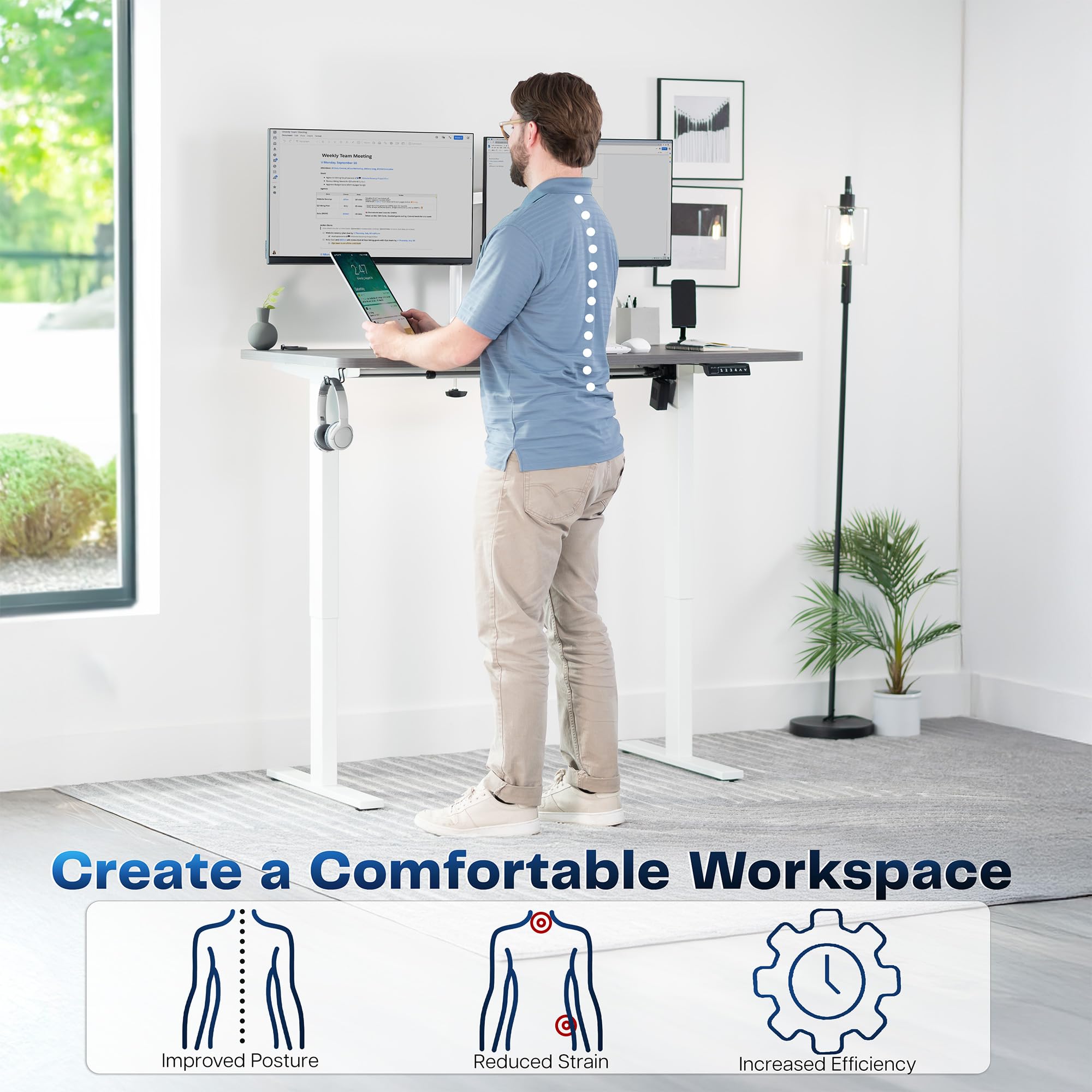 Electric 55 x 28 in Standing Desk, Memory Height Adjustment, 1B Series, Holds 220 lbs, One-Piece Dark Gray Top, White Frame