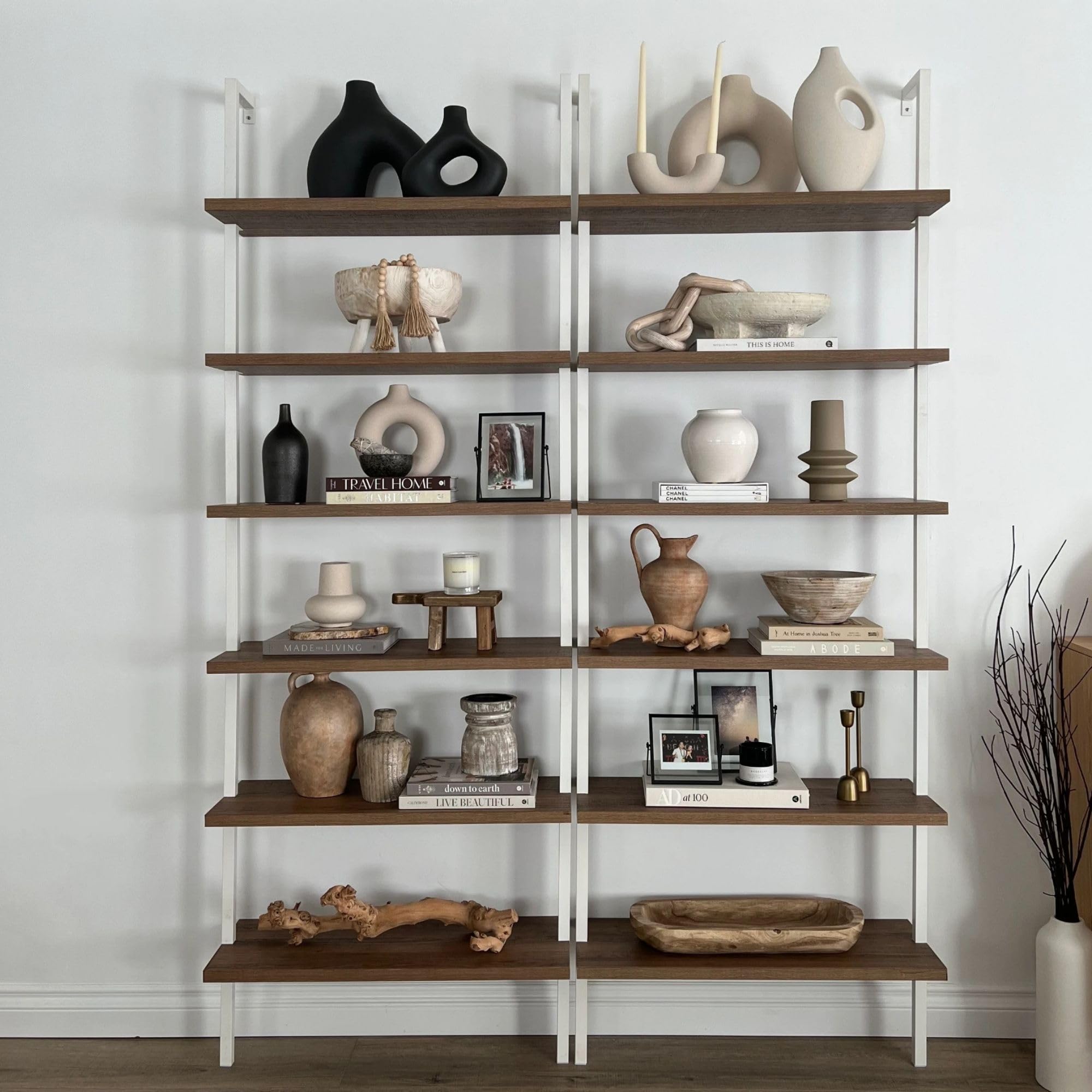 Set of 4, 6-Shelf Tall Bookcase, Wall Mount Bookshelf with Natural Wood Finish and Industrial Metal Frame, Rustic Oak/White