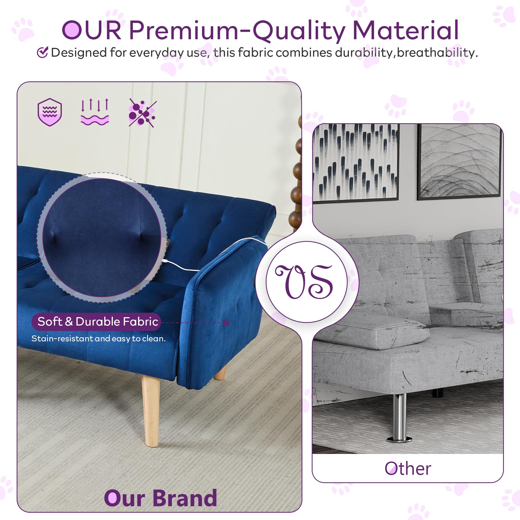 62.99" W Velvet Modern Convertible Folding Futon Couch Sofa Bed w/ 2 USB Charging Ports for Compact Living Space, Small Couches for Office, Dorm, RV Room, Apartment, Bedroom (Navy Blue)