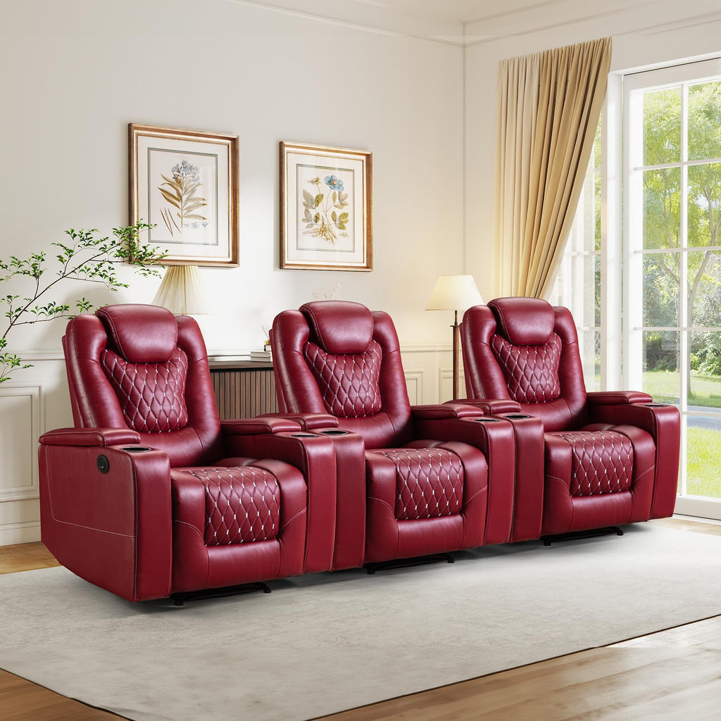 Power Recliner Chair Set of 3, Electric Soft Faux Leather Reclining Home Theater Seating - USB Ports, Cup Holders, Hidden Arm Storage Movie & Media Room Chairs (Red)