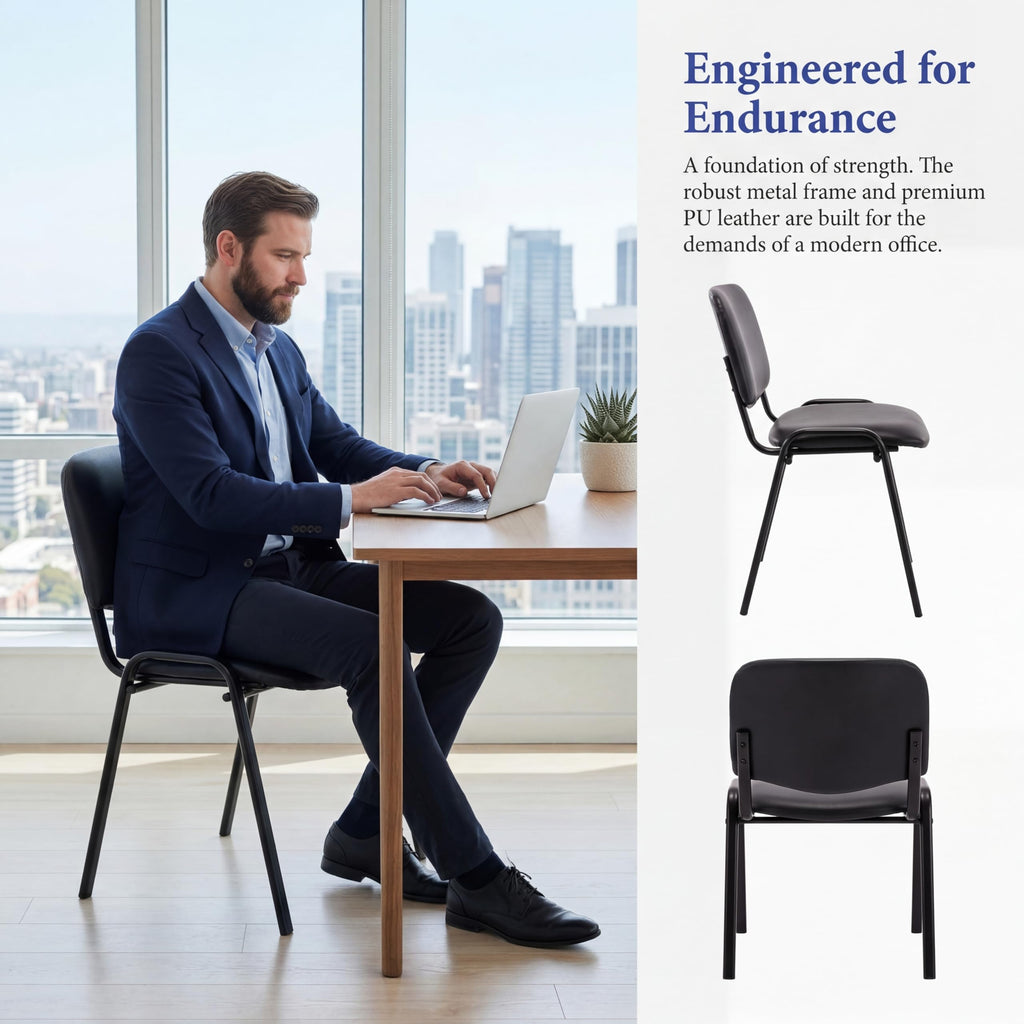 Set of 5, Black PU Leather, Stackable Office Guest Chairs, Reception Waiting Room Chairs with Padded Seat & Back, Armless No Wheels Conference Chairs for Office Meeting Lobby