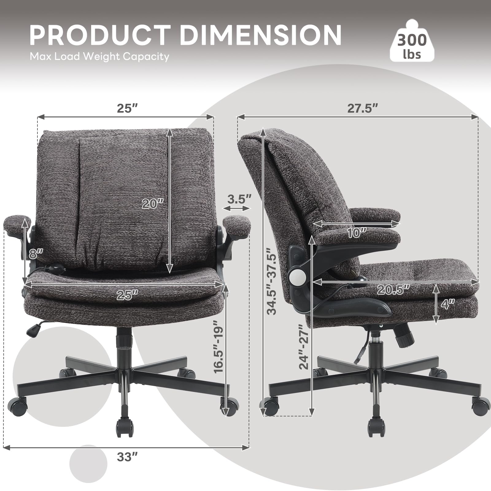 Criss Cross Office Chair with 2 in 1 Inflatable Flip-up Back, Ergonomic Wide Seat Desk Chair with Adjustable Arms and Wheels, Cross Legged Office Chair for Home & Office, Gray