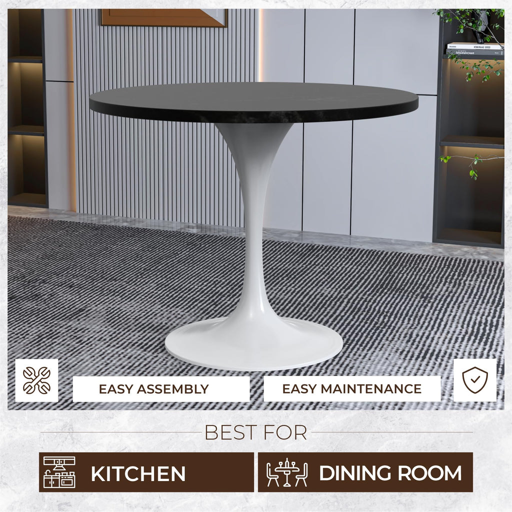 Verve Mid-Century Modern 36 Inch Round Dining Table, MDF Wood Tabletop with White Steel Pedestal Base, Contemporary Kitchen & Dining Room Table, for Small Spaces (Black)