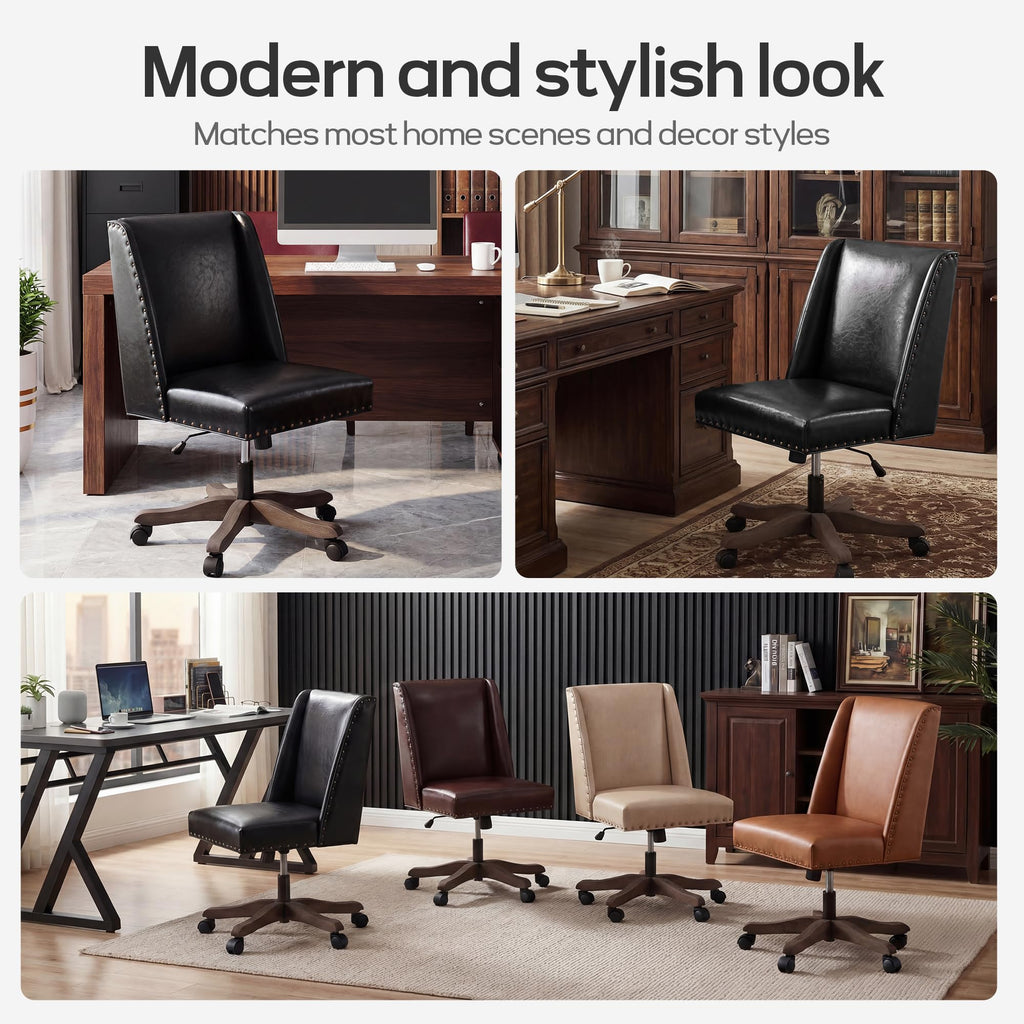 Armless Home Office Chair with Wooden Legs, Modern Leather Upholstered Office Desk Chair No Arms Sewing Chair Adjustable Swivel Desk Chair for Farmhouse Office Study Studio (Black)