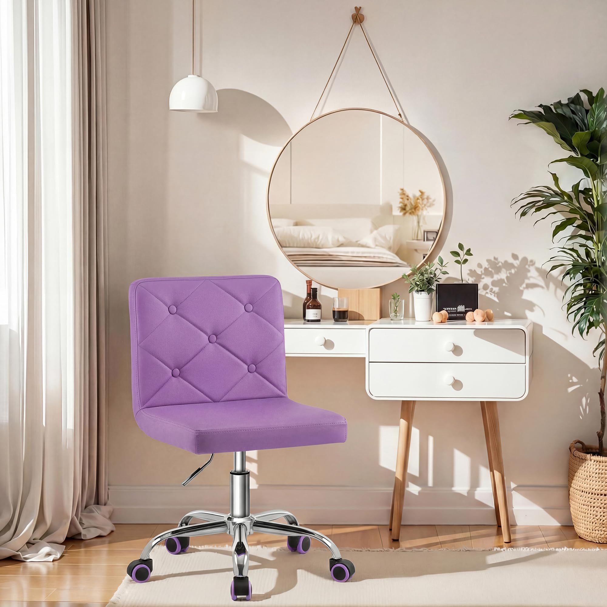 PU Leather Mid-Back Armless Vanity Chair Adjustable Height 360° Rolling Swivel for Office Work