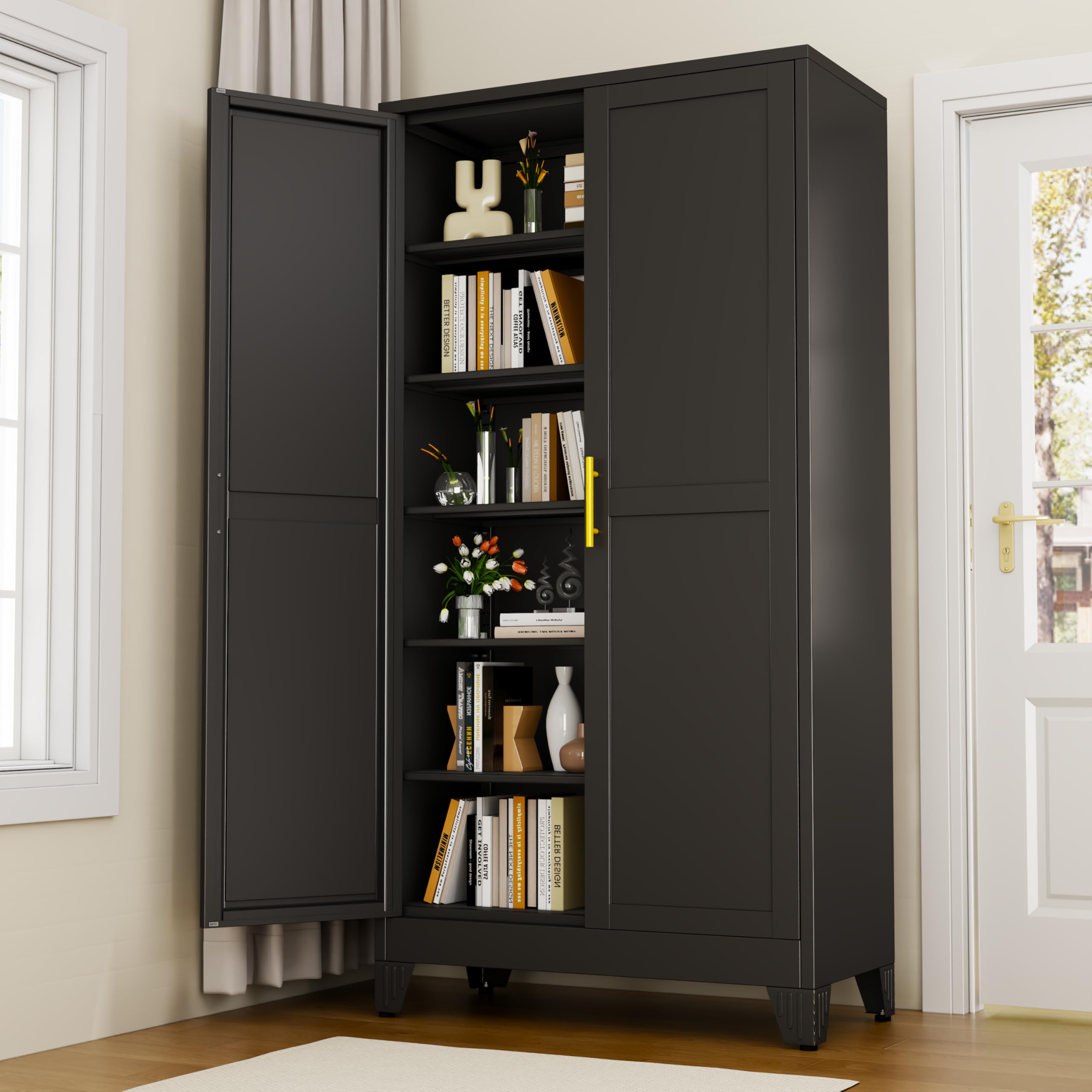 Black Metal Storage Cabinet,75" Steel Cabinets for Home Office