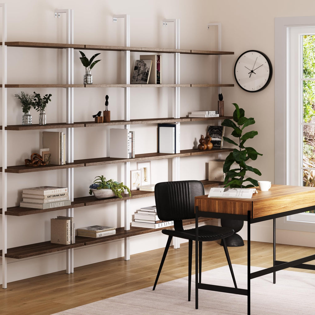 Set of 4, 6-Shelf Tall Bookcase, Wall Mount Bookshelf with Natural Wood Finish and Industrial Metal Frame, Rustic Oak/White