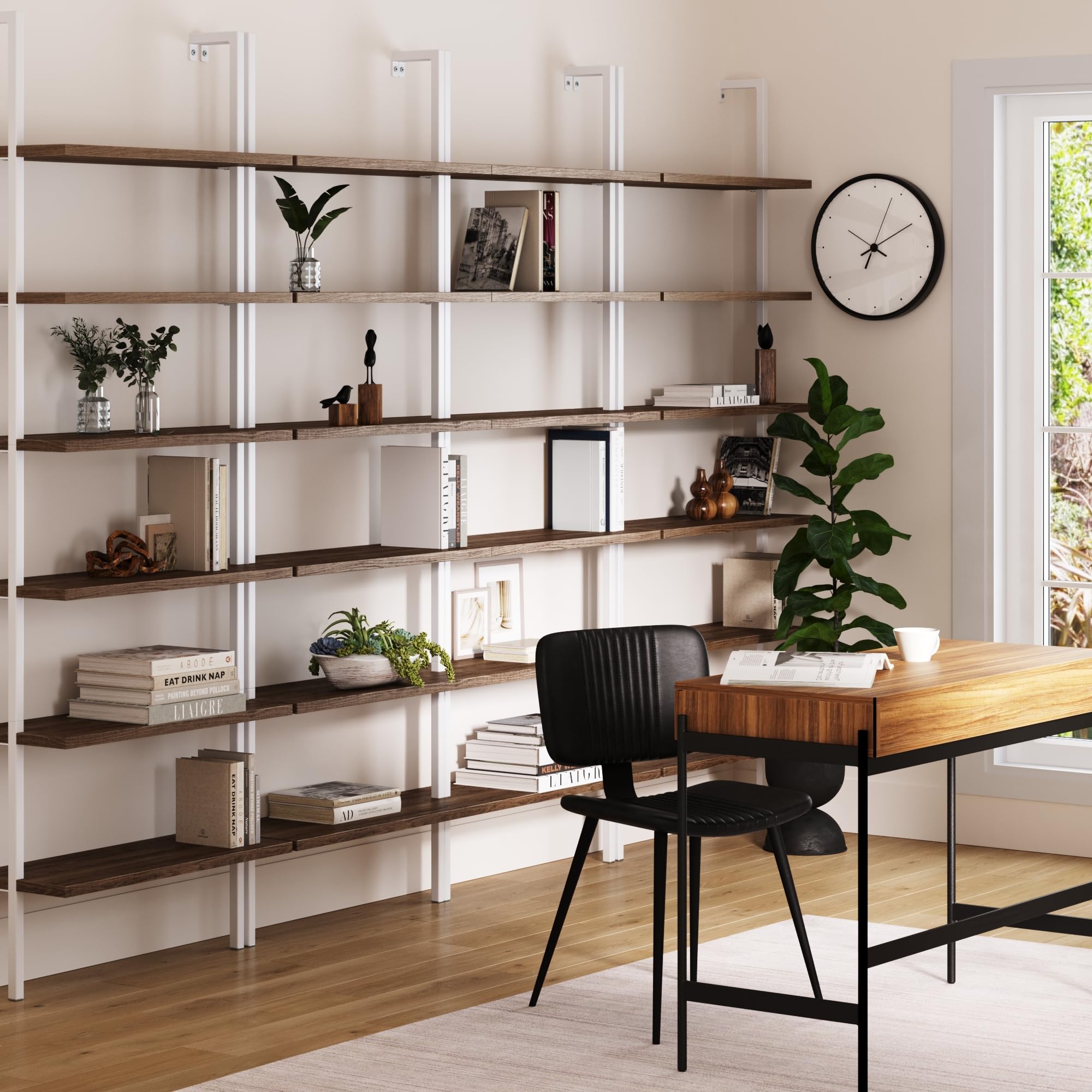 Set of 4, 6-Shelf Tall Bookcase, Wall Mount Bookshelf with Natural Wood Finish and Industrial Metal Frame, Rustic Oak/White