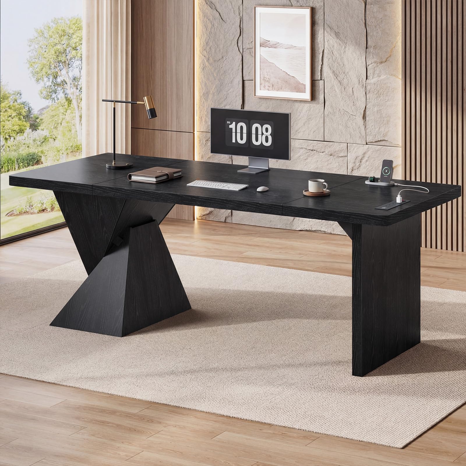 70.9 Inch Executive Desk with Power Outlet, Large Home Office Desk, Modern Aesthetic Computer Writing Table Workstation Business Furniture,Black