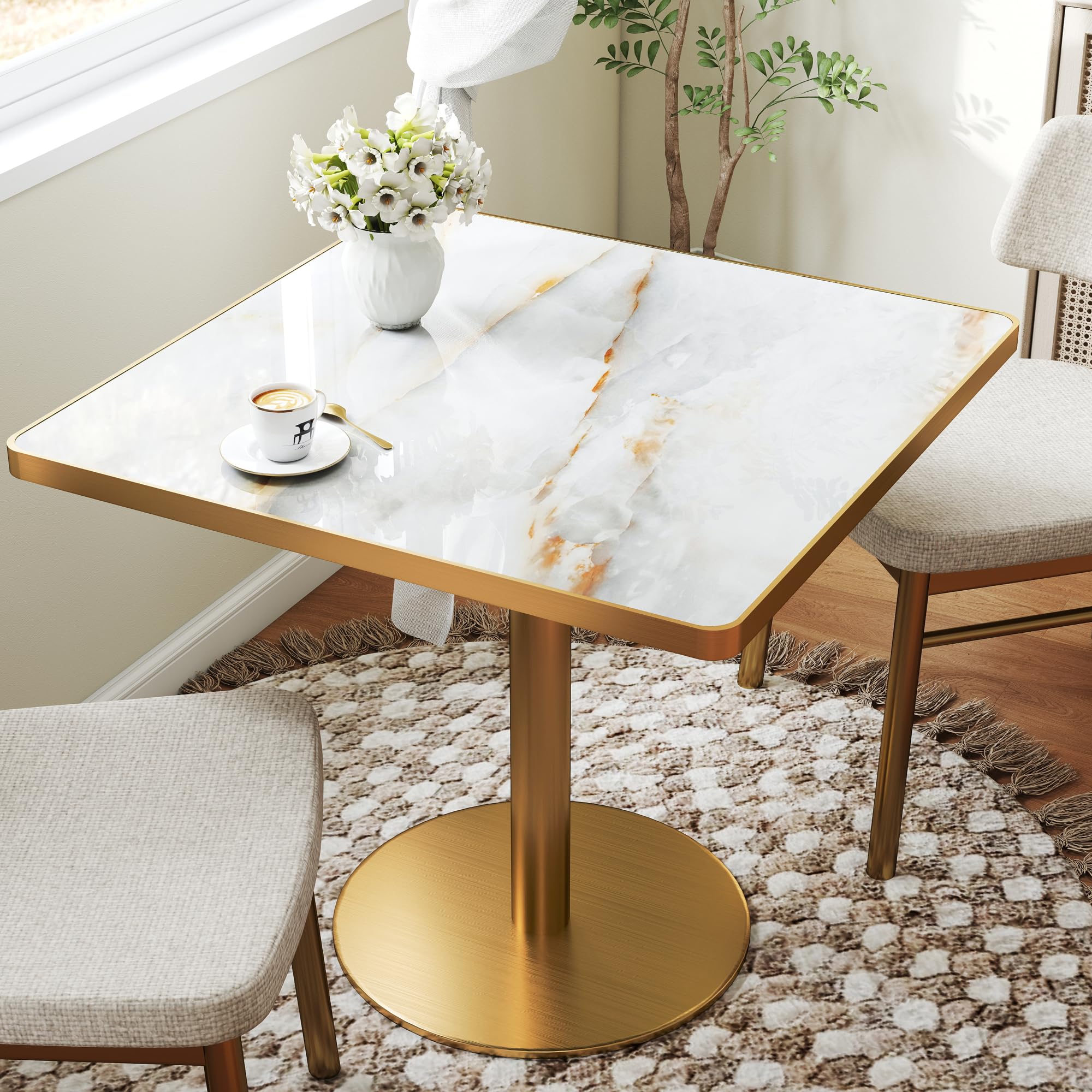 hausway 31.5" Tulip Table,Square Kitchen Dining Table for 2-4 with Thick Sintered Stone Top,Titanium Golden Pedestal Base,Heat-Resistant,Bistro Table for Dining Room,Café,Small Space（Sunrise Strings）