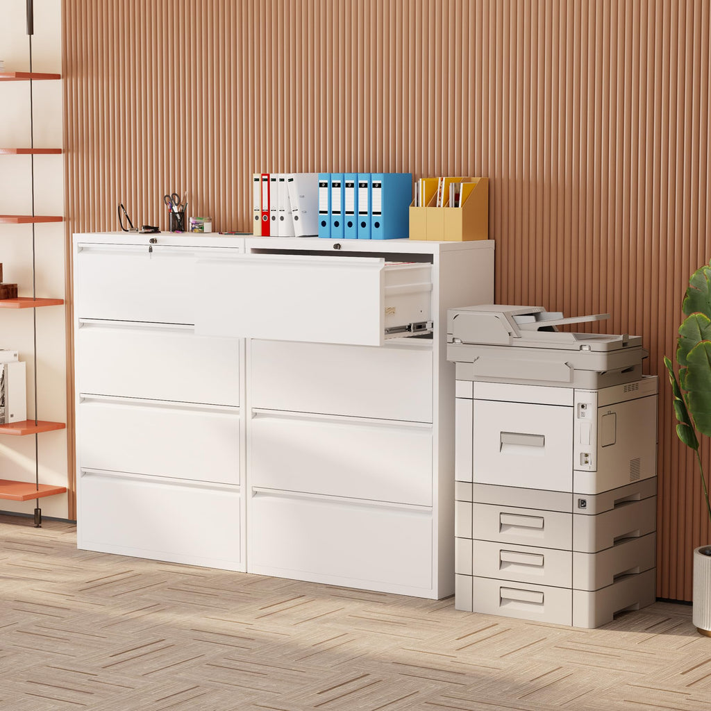 4 Drawer File Cabinet, White Lateral File Cabinet with Lock, 28" W Metal Office Filing Cabinet with Adjustable Frame for Legal, Letter, A4 Files