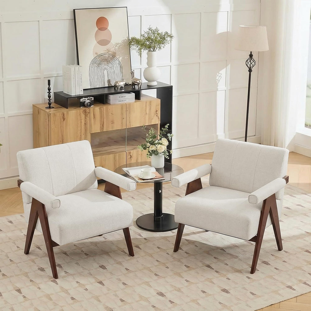Mid Century Modern Accent Chair Set of 2, Solid Wood Frame White Linen Armchairs, Modern Reading & Living Room Chairs for Office Guest & Waiting Room