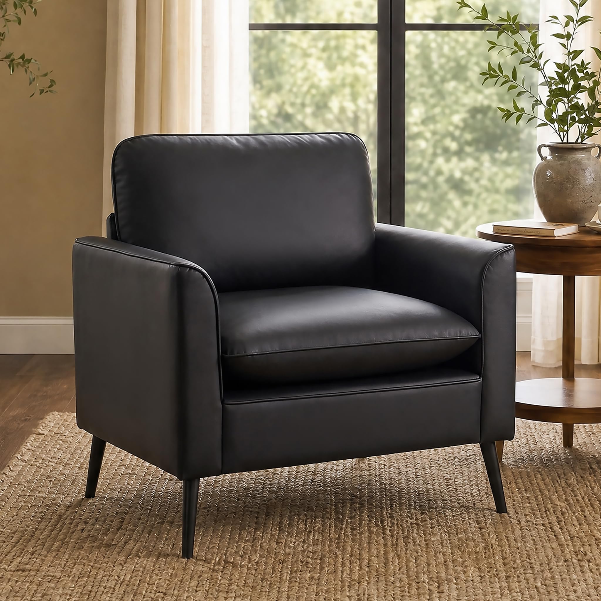 Accent Chair, Faux Leather Chairs, Mid Century Modern Comfy Living Room Chairs, Cozy Office Reading Chair, Reception Armchairs for Office, Bedroom, Waiting Room (Black) (1)