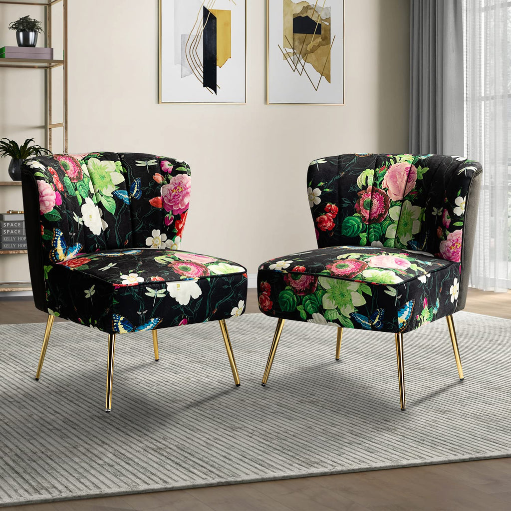 Armless Accent Chair Set of 2 with Gold Metal Legs, Comfy Floral Fabric Living Room Chair Wingback Small Side Chair, Upholstered Slipper Chair for Bedroom, Reading Room (Flower, Black)