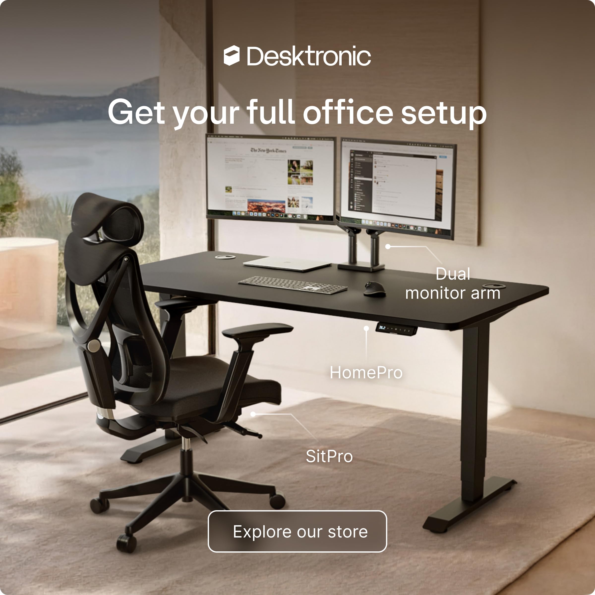 Standing Desk 48x24 — Made in Europe, Ergonomic Sit Stand Home Office Desk, Electric Height Adjustable, Dual Motor, USB & USB-C Charging, Wobble-Free, Touchscreen, 3 Memory Presets