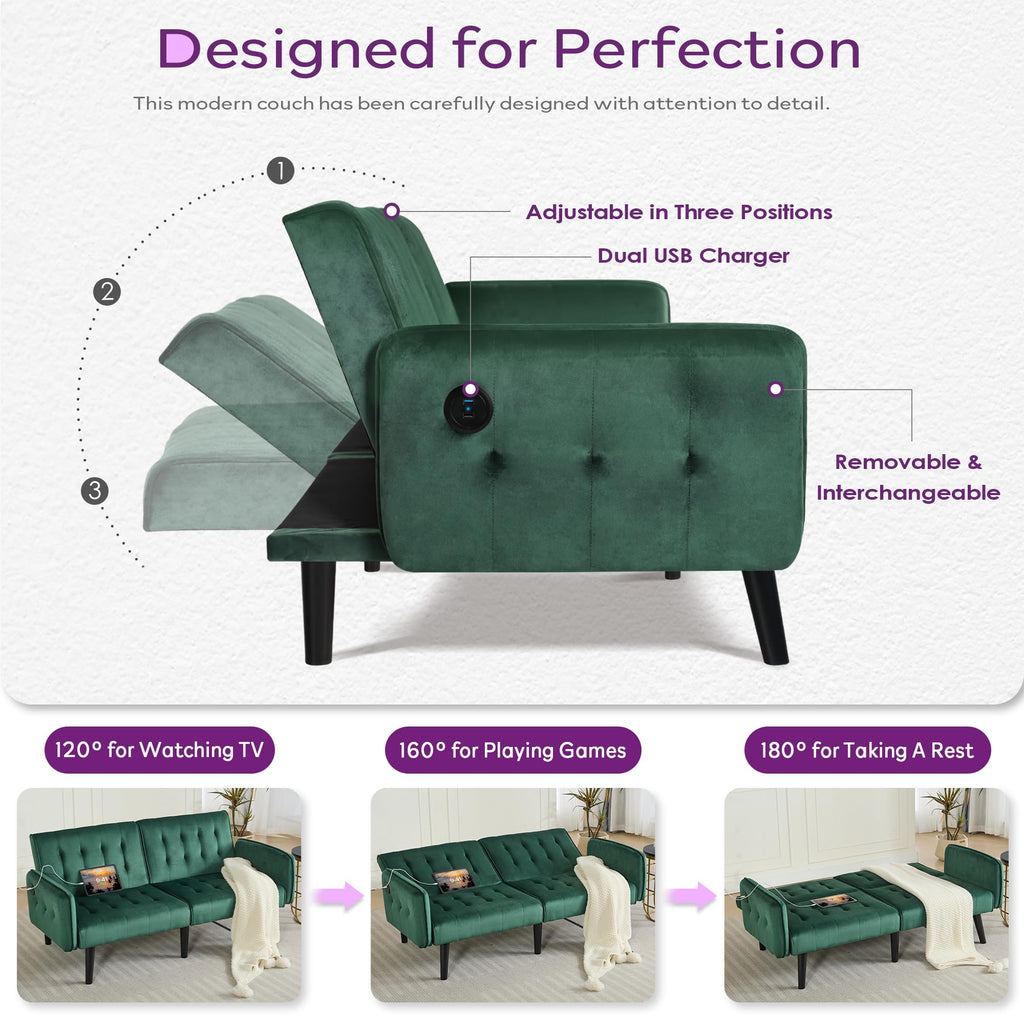 65" W Velvet Modern Convertible Folding Futon Couch Sofa Bed w/ 2 USB Charging Ports and arms, Loveseat for Office, Living Room, Apartment, Bedroom (Green)
