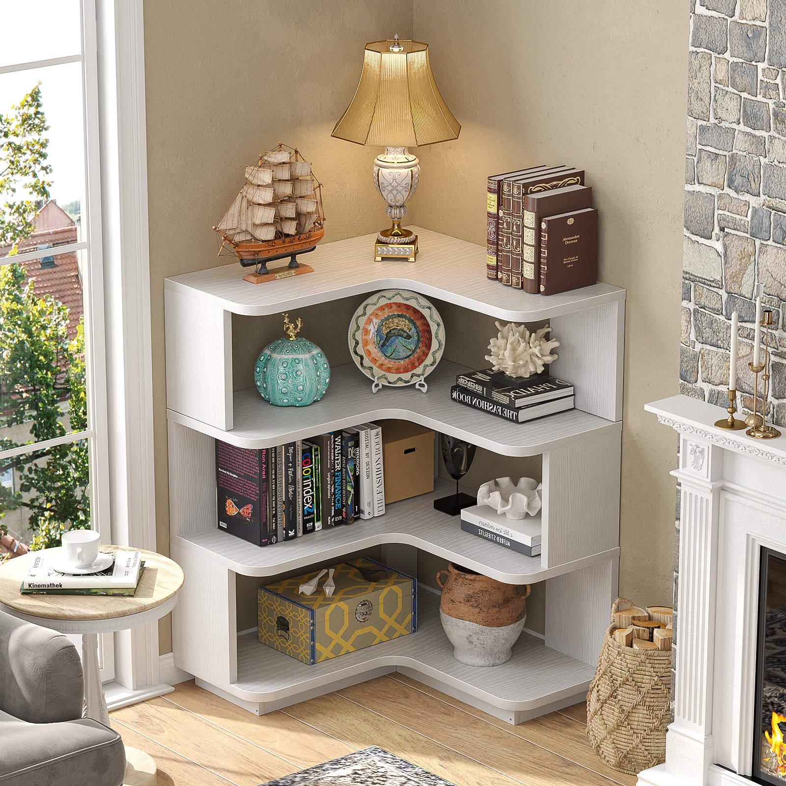 Corner Book Shelf, 4-Shelf L Shaped Corner Bookshelf with Baffle