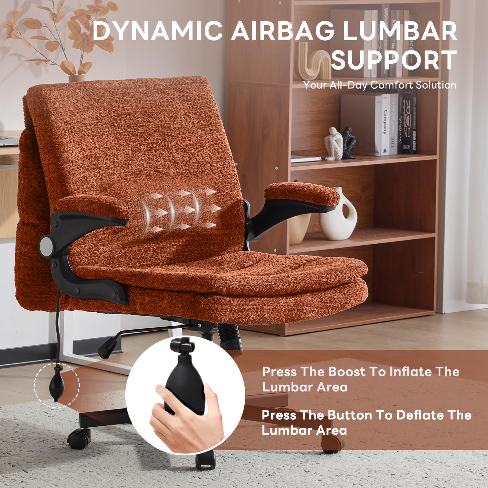 Criss Cross Office Chair with 2 in 1 Inflatable Flip-up Back, Ergonomic Wide Seat Desk Chair with Adjustable Arms and Wheels, Cross Legged Office Chair for Home & Office, Orange