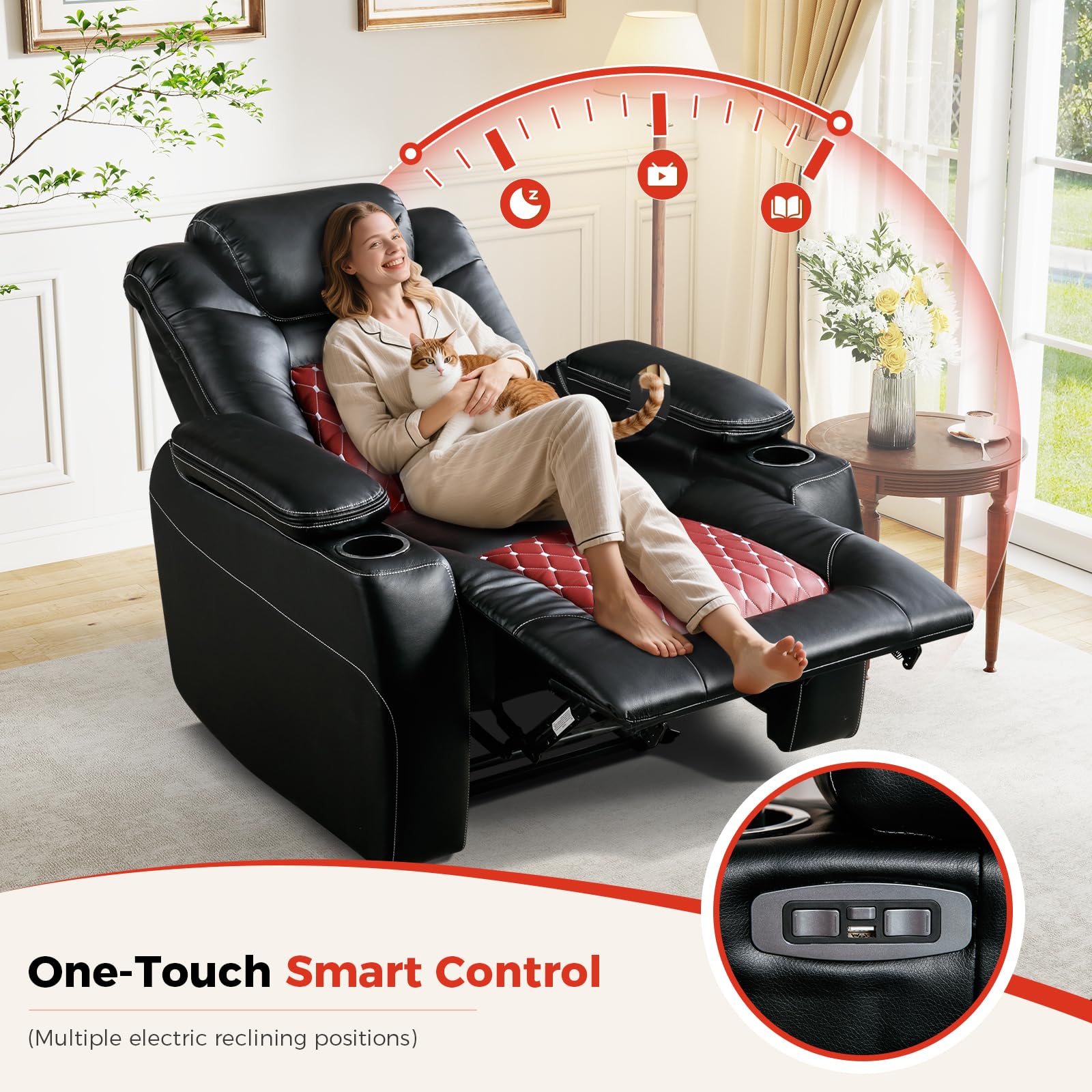Power Recliner Chair,Home Theater Seating with Adjustable Headrest,Cup Holders,USB Port,Hidden Arm Storage(Black)