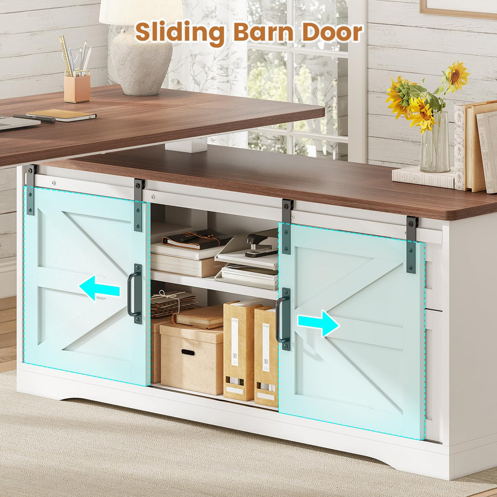 Farmhouse L Shaped Standing Desk, 55 inch Height Adjustable Corner Desk with Storage Drawers, Standing Computer Desks with Power Outlets for Home Office, White