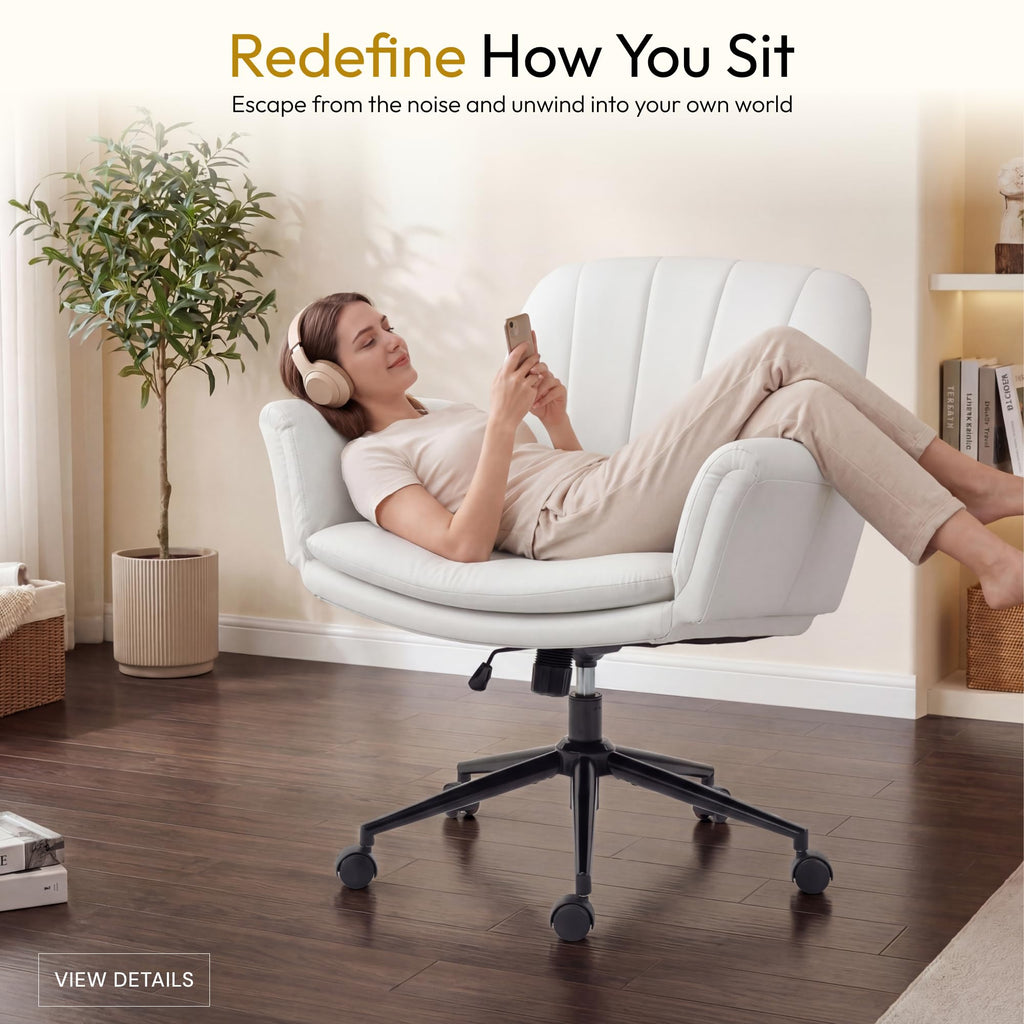Criss Cross Chair with Five-Level Adjustable Arms and Wheels - Comfortable Ergonomic PU Leather Swivel Vanity Chair - Computer Makeup Gaming Chair for Home Office, Bedroom, Vanity Room (Beide)